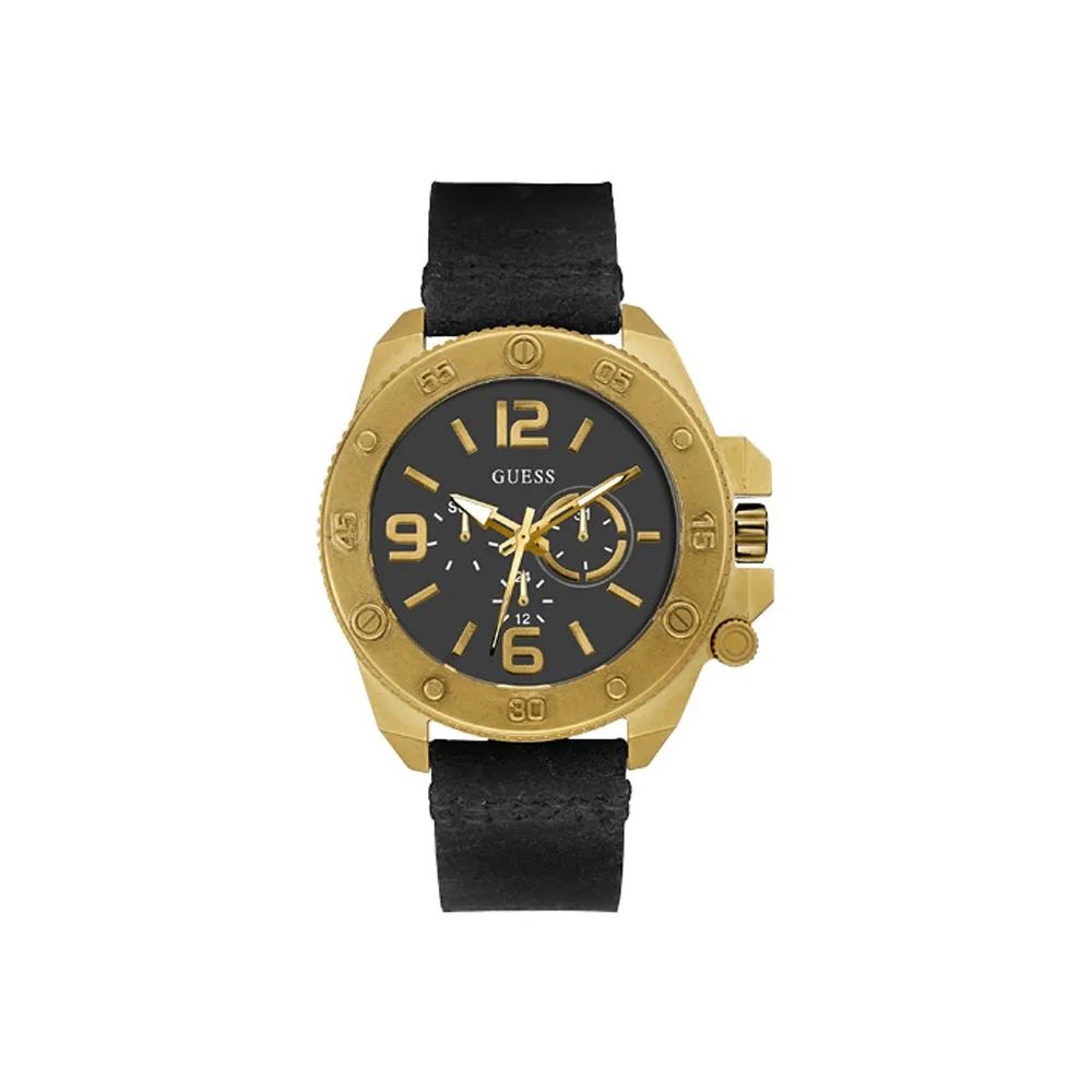 Guess Men's IP Gold Watch With Black Dial & Black Leather Strap