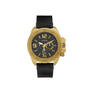 Guess Men's IP Gold Watch With Black Dial & Black Leather Strap