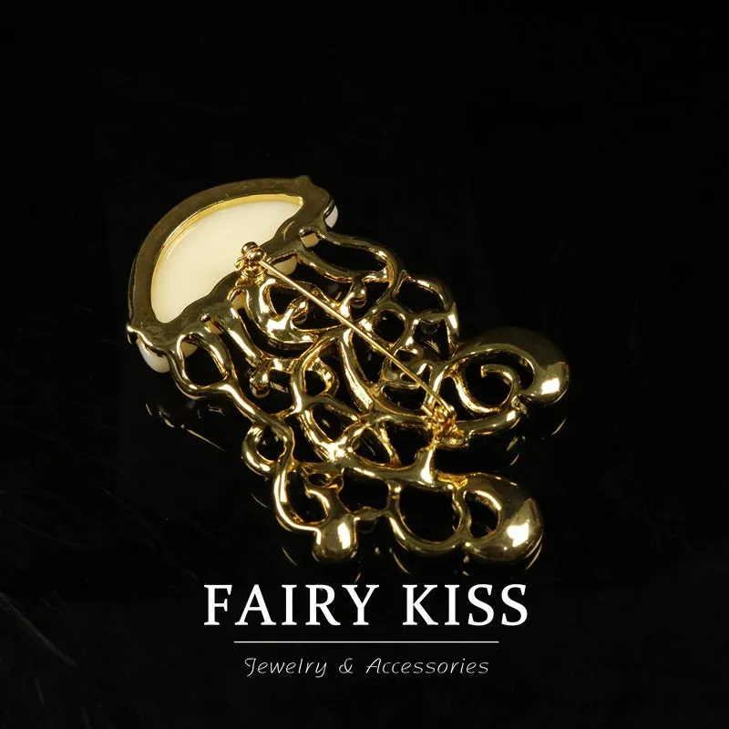 Handcrafted Jellyfish Diamond-Encrusted Metal Brooch