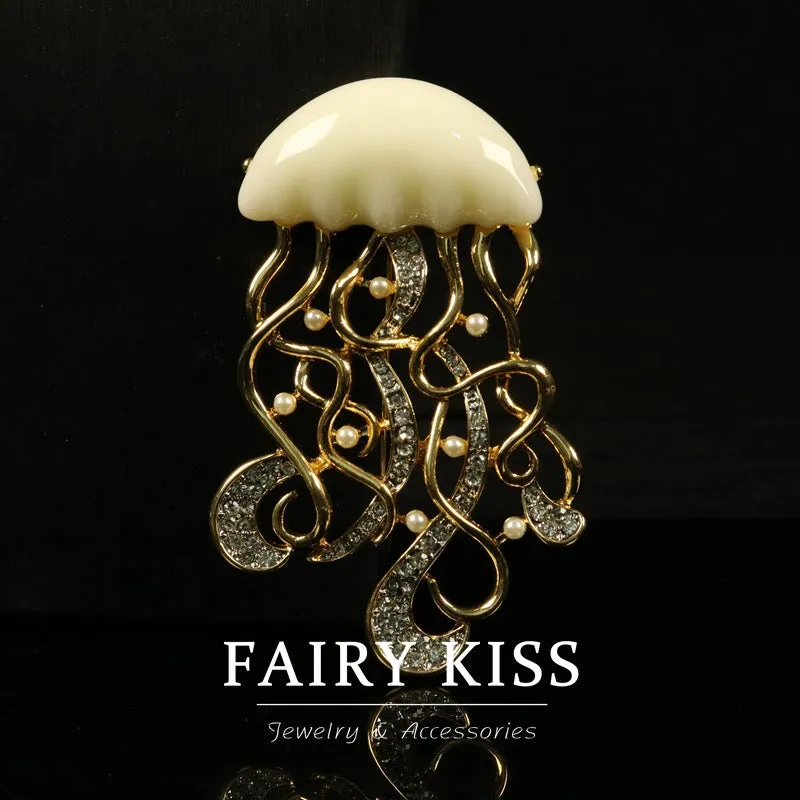 Handcrafted Jellyfish Diamond-Encrusted Metal Brooch