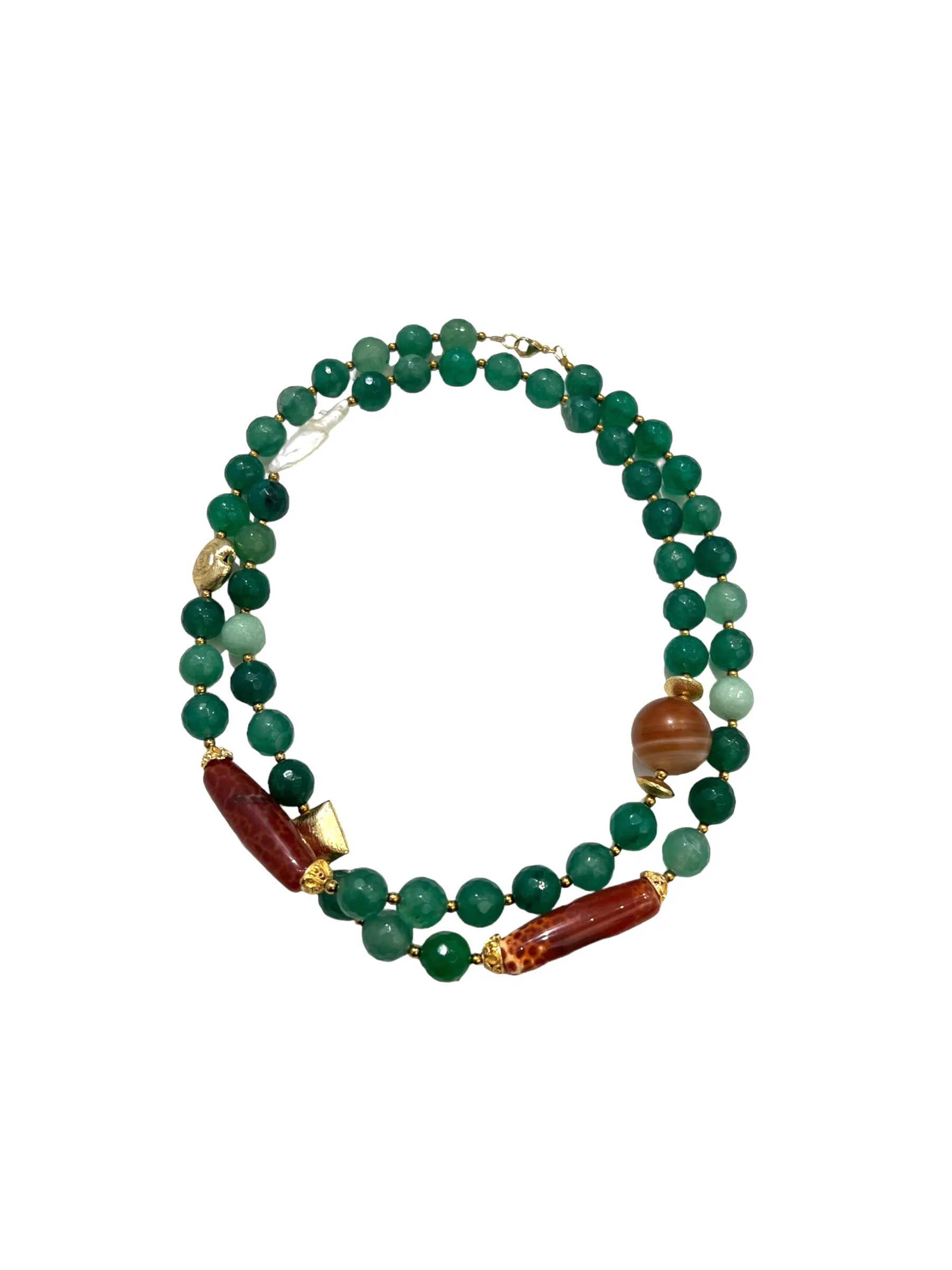 HC DESIGNS - Agate Long Necklace - Green Pearl Detail