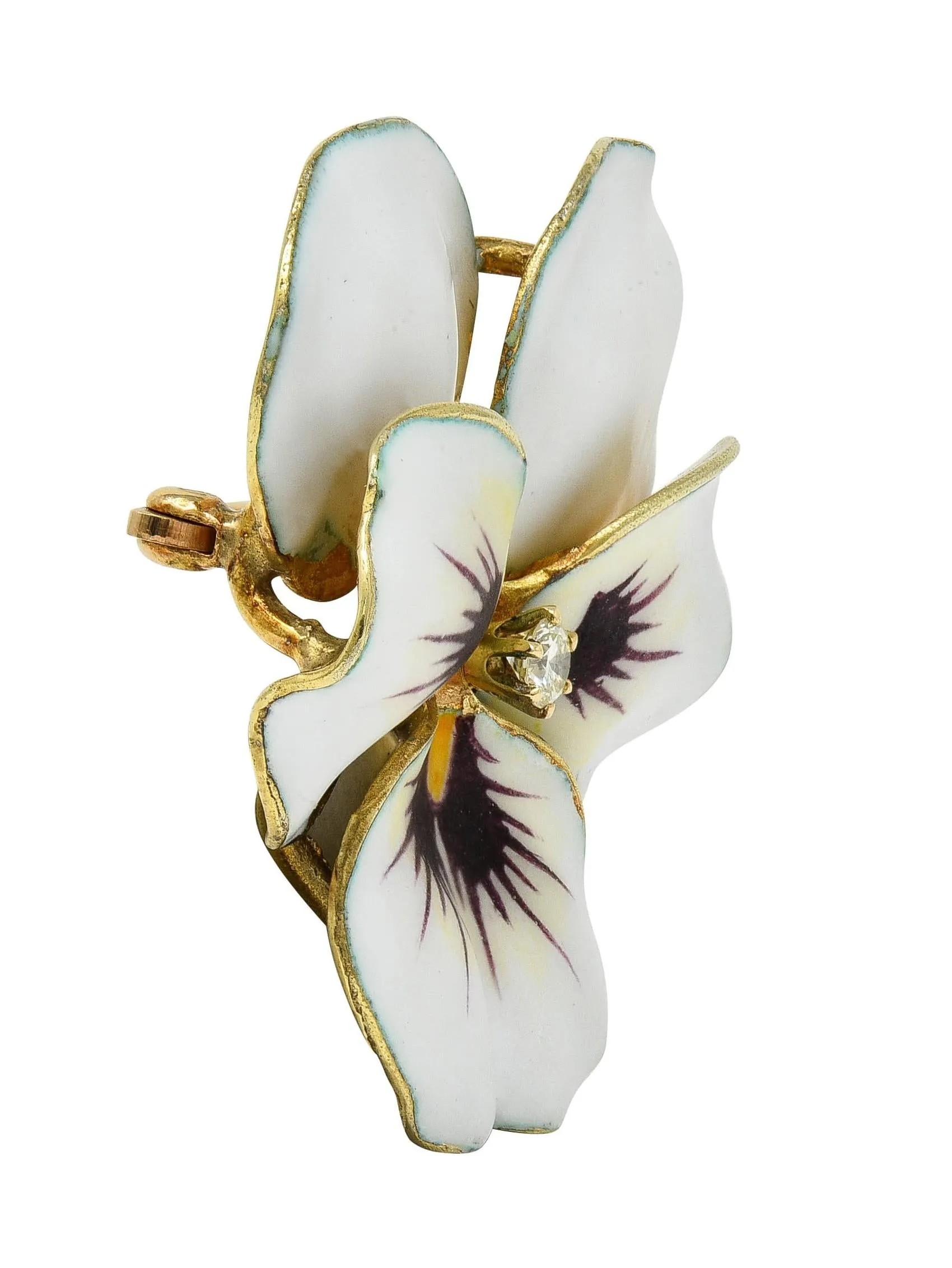 Hedges & Co. Art Nouveau Diamond White Enamel 14 Karat Yellow Gold Antique Pansy Brooch