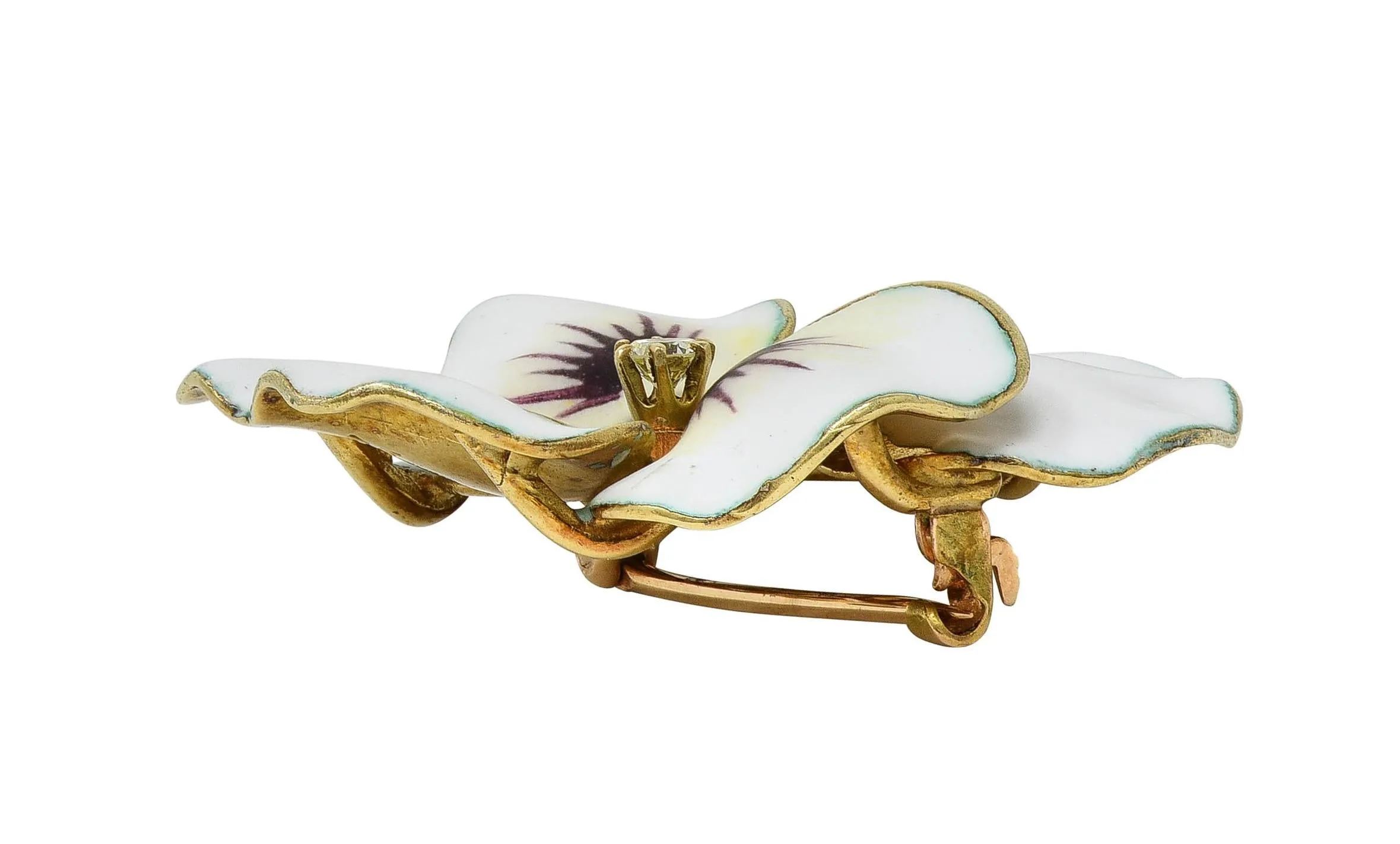 Hedges & Co. Art Nouveau Diamond White Enamel 14 Karat Yellow Gold Antique Pansy Brooch