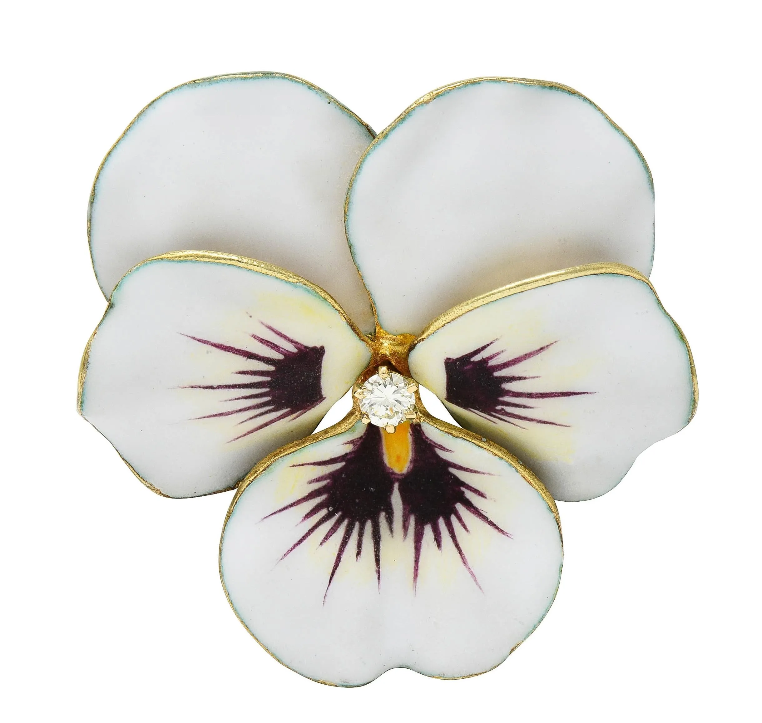 Hedges & Co. Art Nouveau Diamond White Enamel 14 Karat Yellow Gold Antique Pansy Brooch