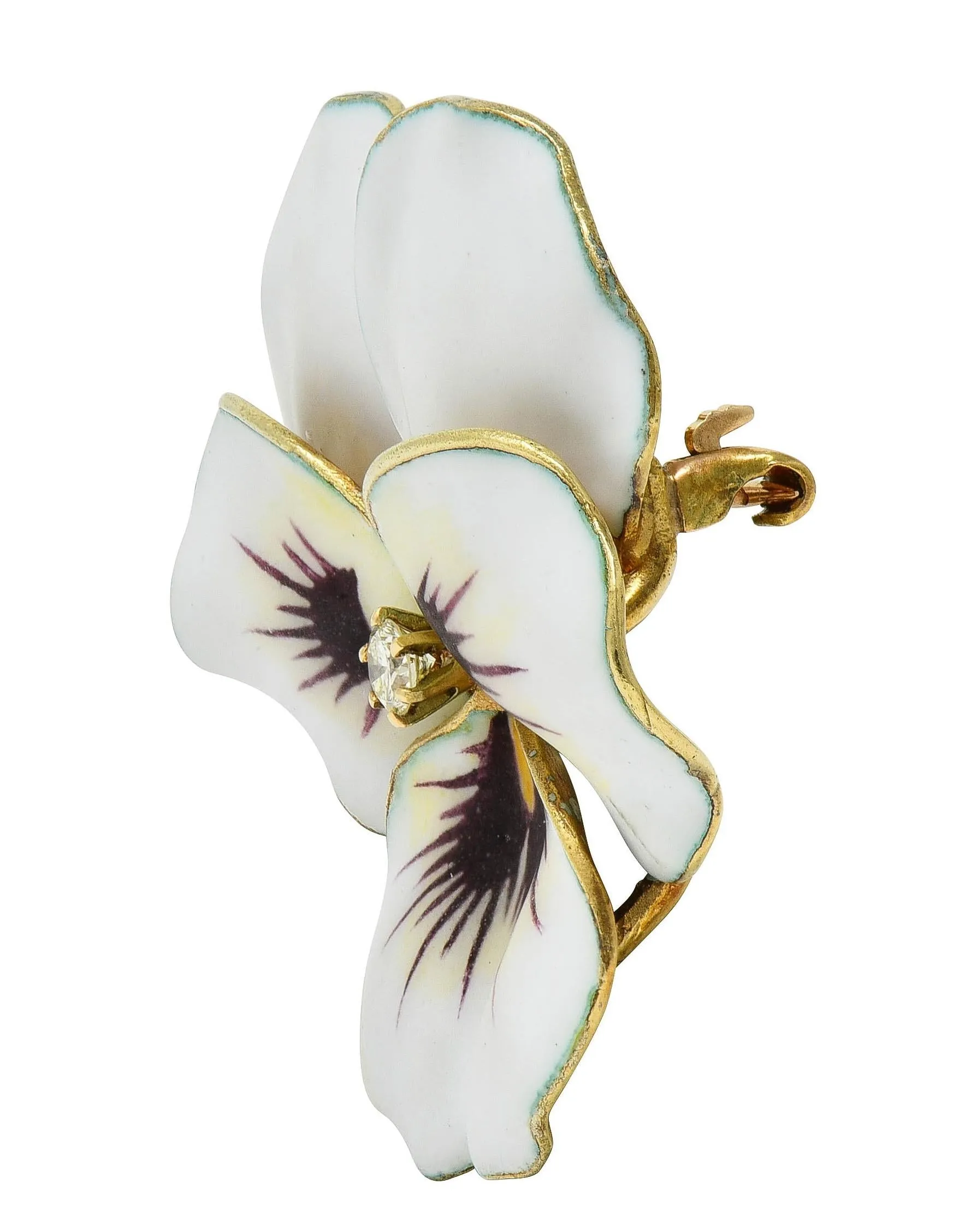 Hedges & Co. Art Nouveau Diamond White Enamel 14 Karat Yellow Gold Antique Pansy Brooch
