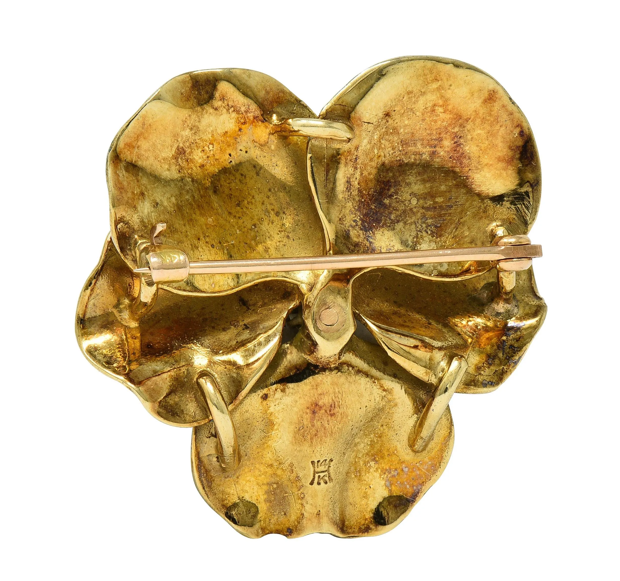 Hedges & Co. Art Nouveau Diamond White Enamel 14 Karat Yellow Gold Antique Pansy Brooch