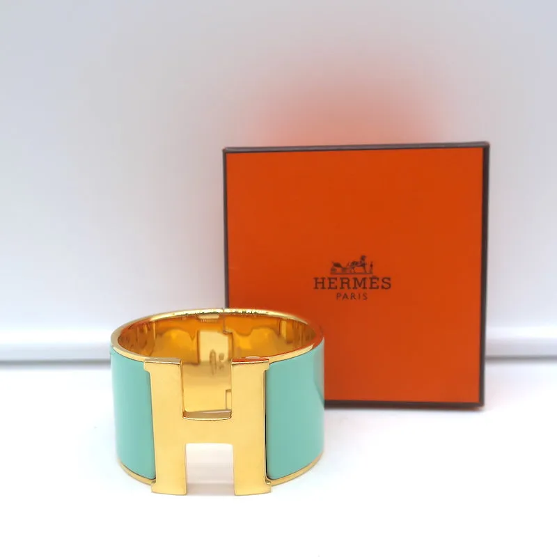 Hermes Extra Wide Clic Clac H Cuff Bracelet Vert Aqua Enamel Gold Hardware