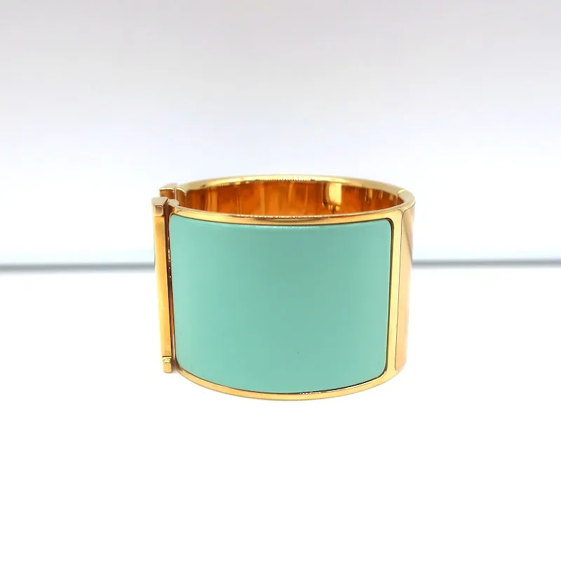 Hermes Extra Wide Clic Clac H Cuff Bracelet Vert Aqua Enamel Gold Hardware