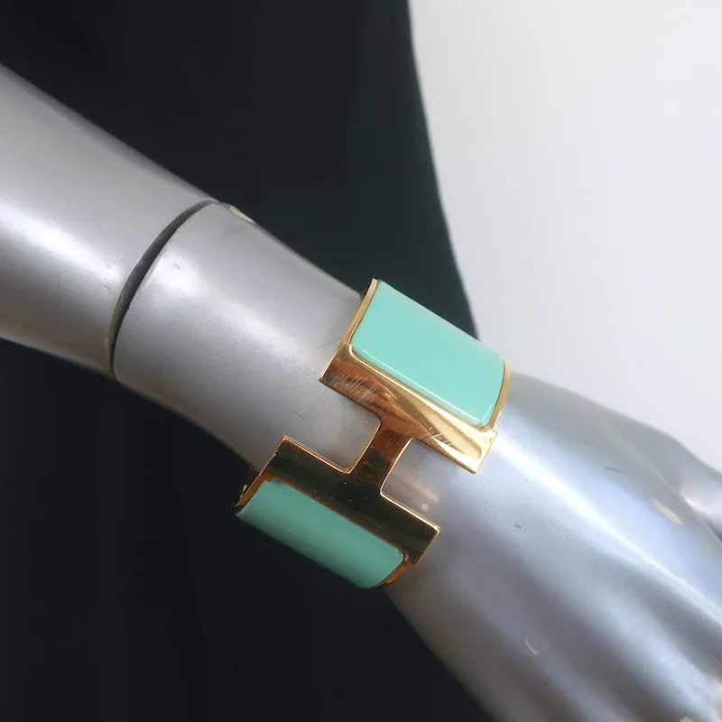 Hermes Extra Wide Clic Clac H Cuff Bracelet Vert Aqua Enamel Gold Hardware