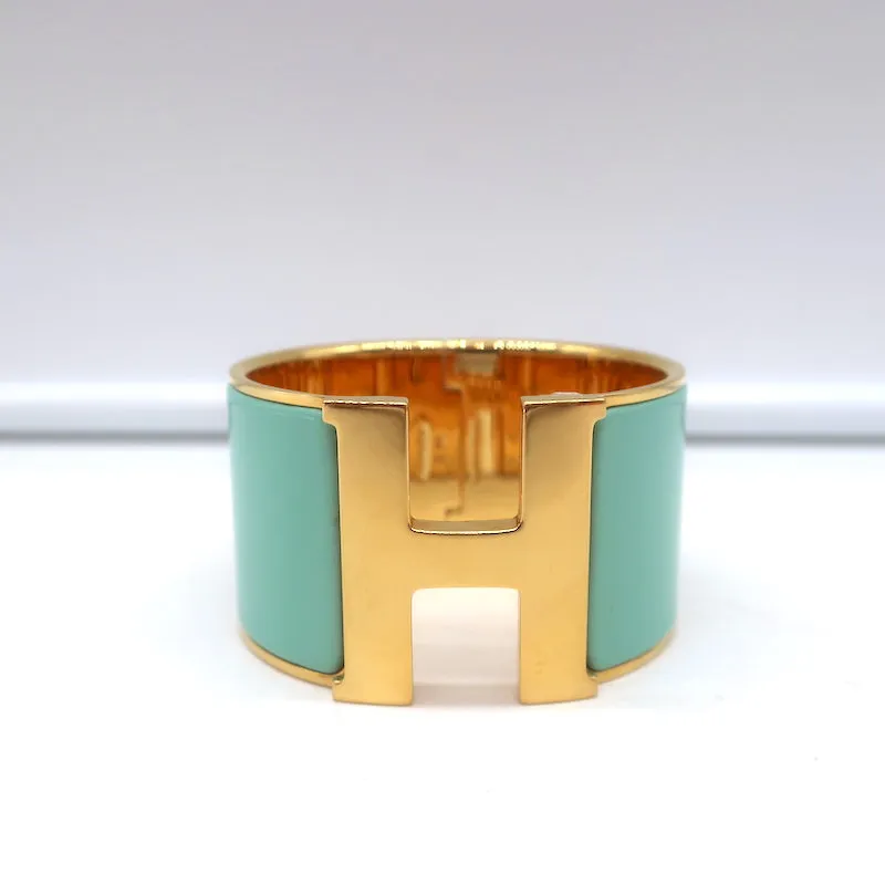 Hermes Extra Wide Clic Clac H Cuff Bracelet Vert Aqua Enamel Gold Hardware