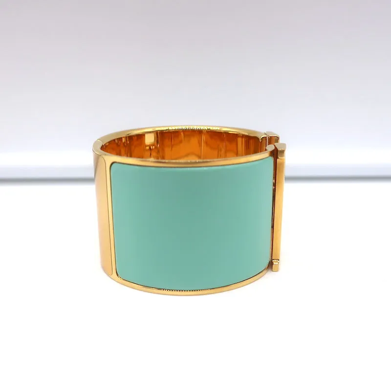 Hermes Extra Wide Clic Clac H Cuff Bracelet Vert Aqua Enamel Gold Hardware