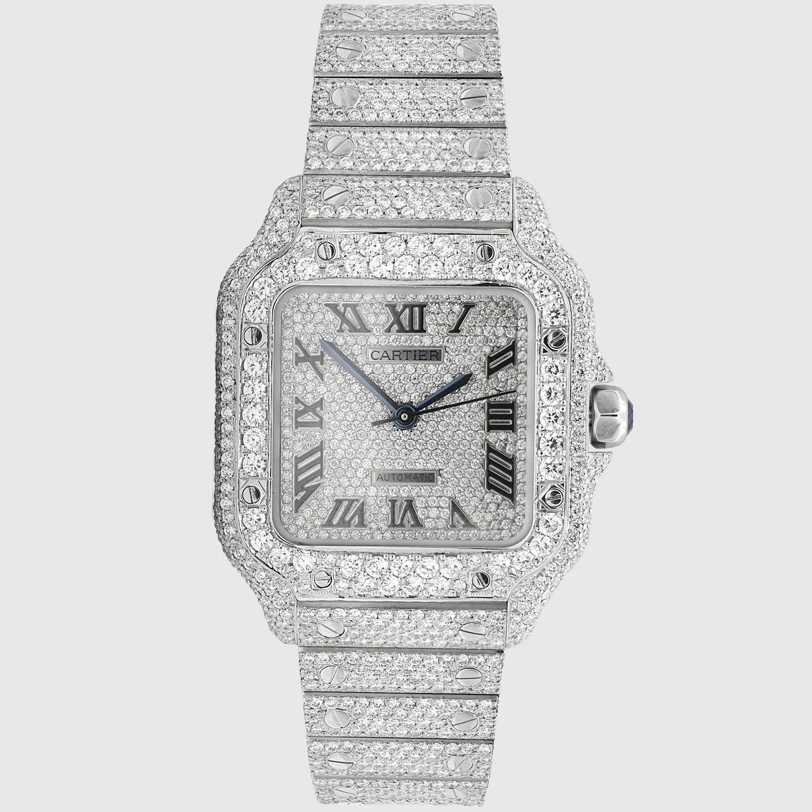 Iced Out Cartier Santos 35mm Medium Diamond Watch 15.5ct.