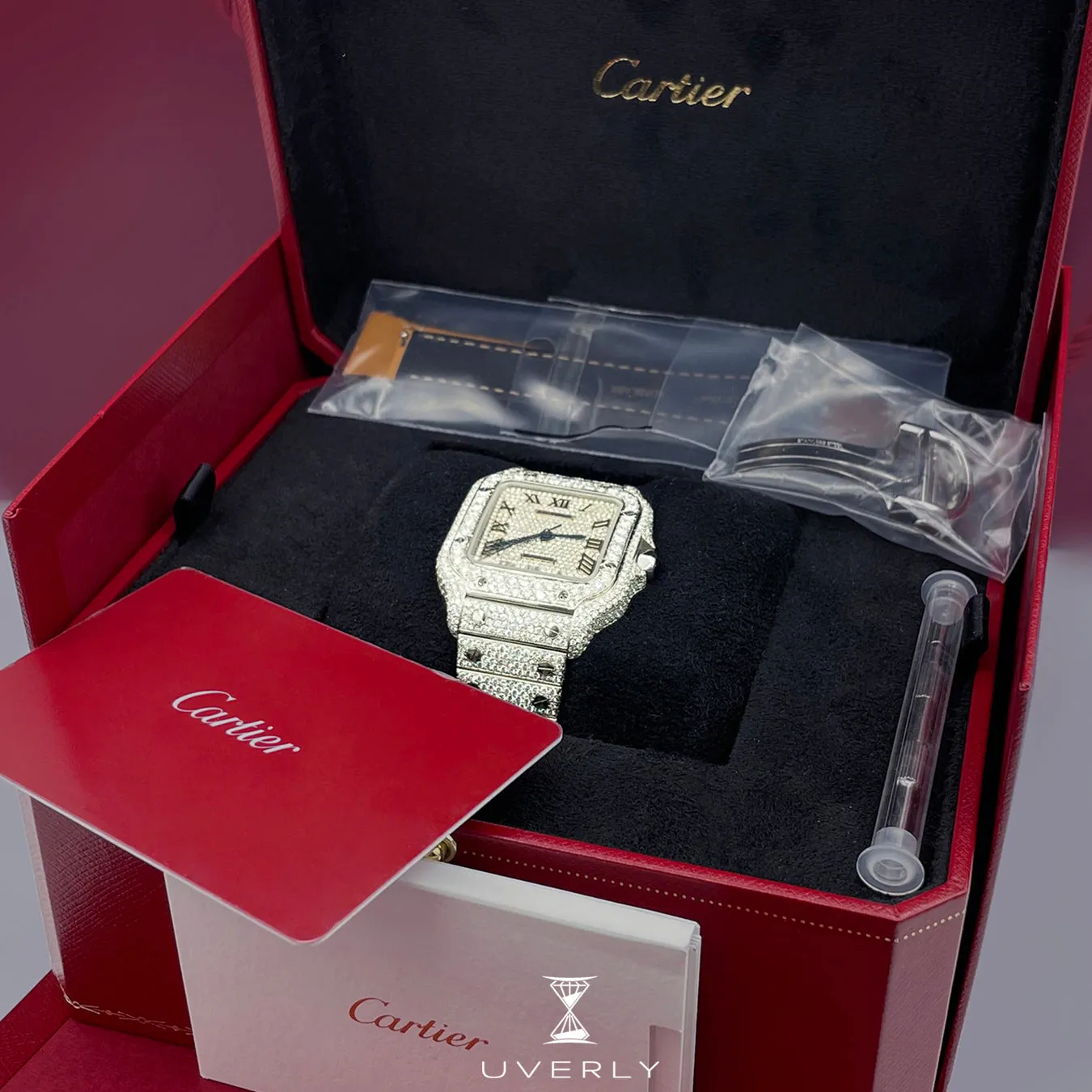 Iced Out Cartier Santos 35mm Medium Diamond Watch 15.5ct.