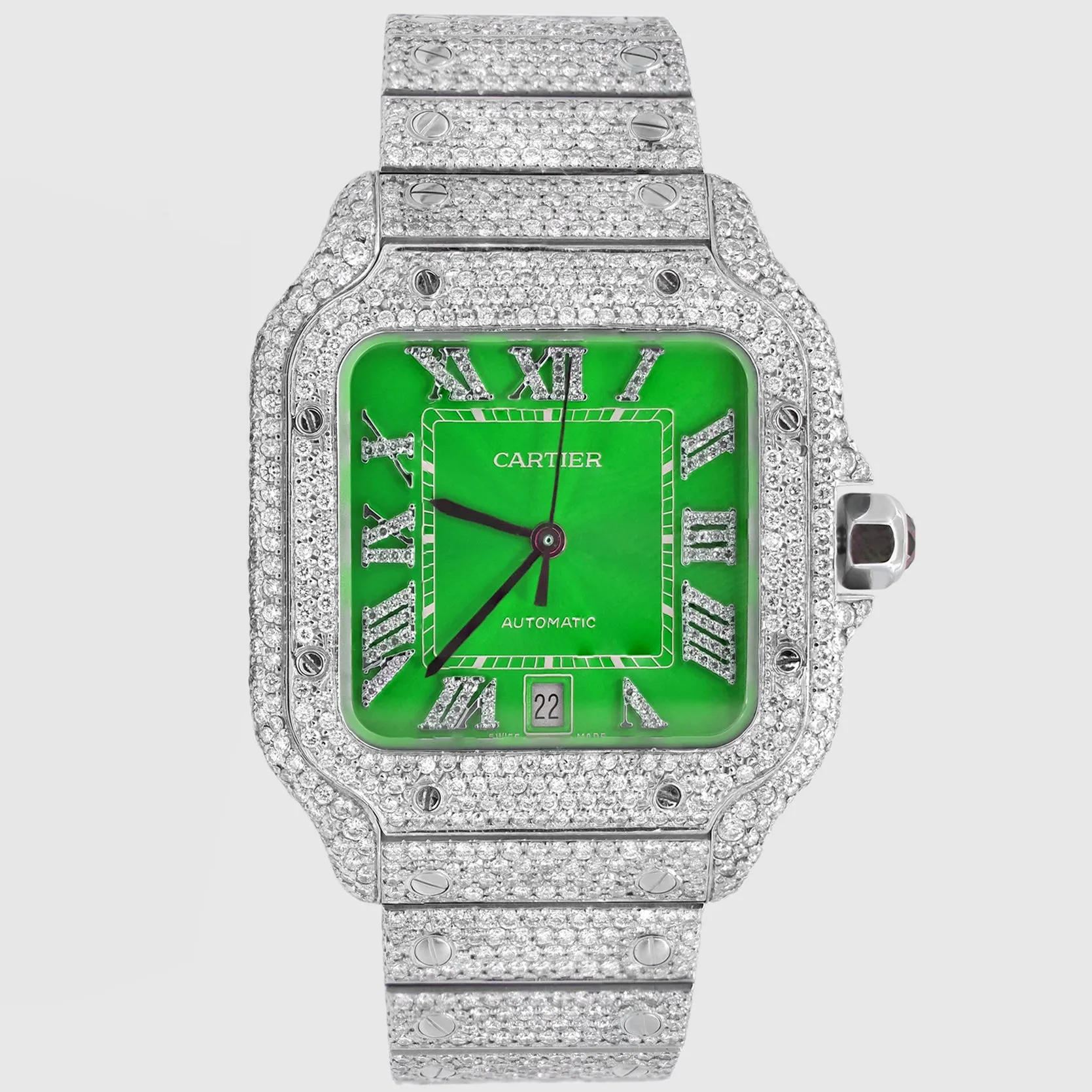 Iced Out Cartier Santos 40mm Diamond Green Dial Watch 20.5ct