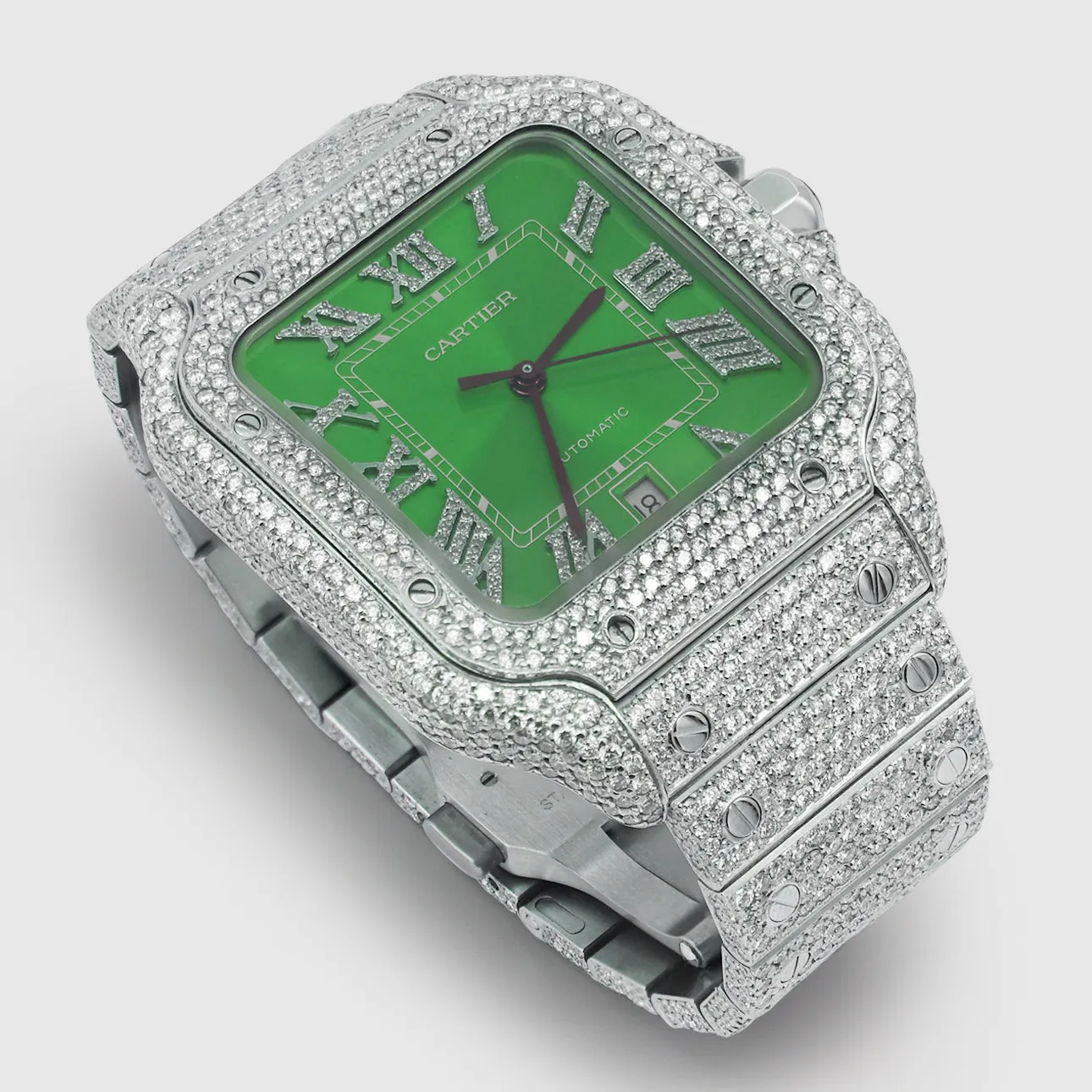 Iced Out Cartier Santos 40mm Diamond Green Dial Watch 20.5ct