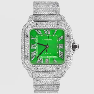 Iced Out Cartier Santos 40mm Diamond Green Dial Watch 20.5ct