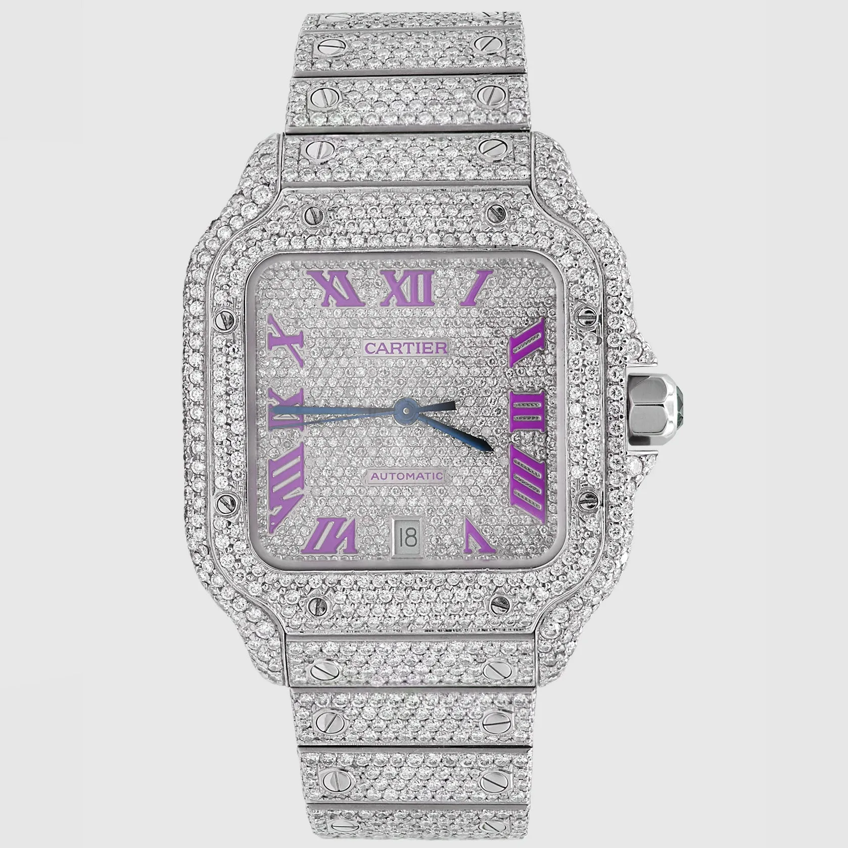 Iced Out Cartier Santos 40mm Diamond Purple Dial Watch 22.6ct