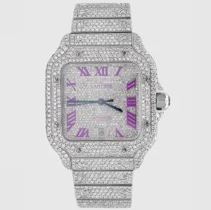 Iced Out Cartier Santos 40mm Diamond Purple Dial Watch 22.6ct