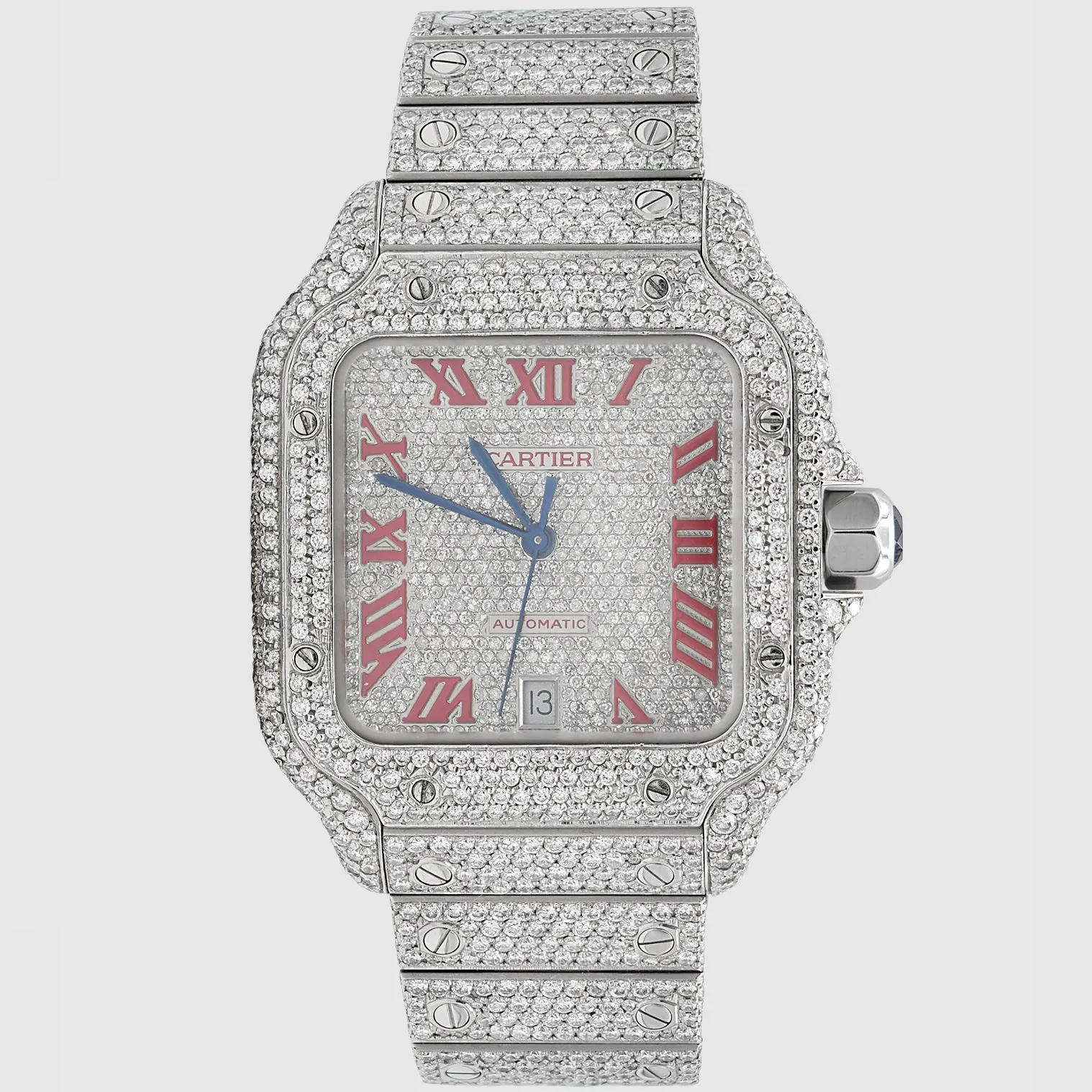 Iced Out Cartier Santos 40mm Diamond Red Dial Watch 22.6ct
