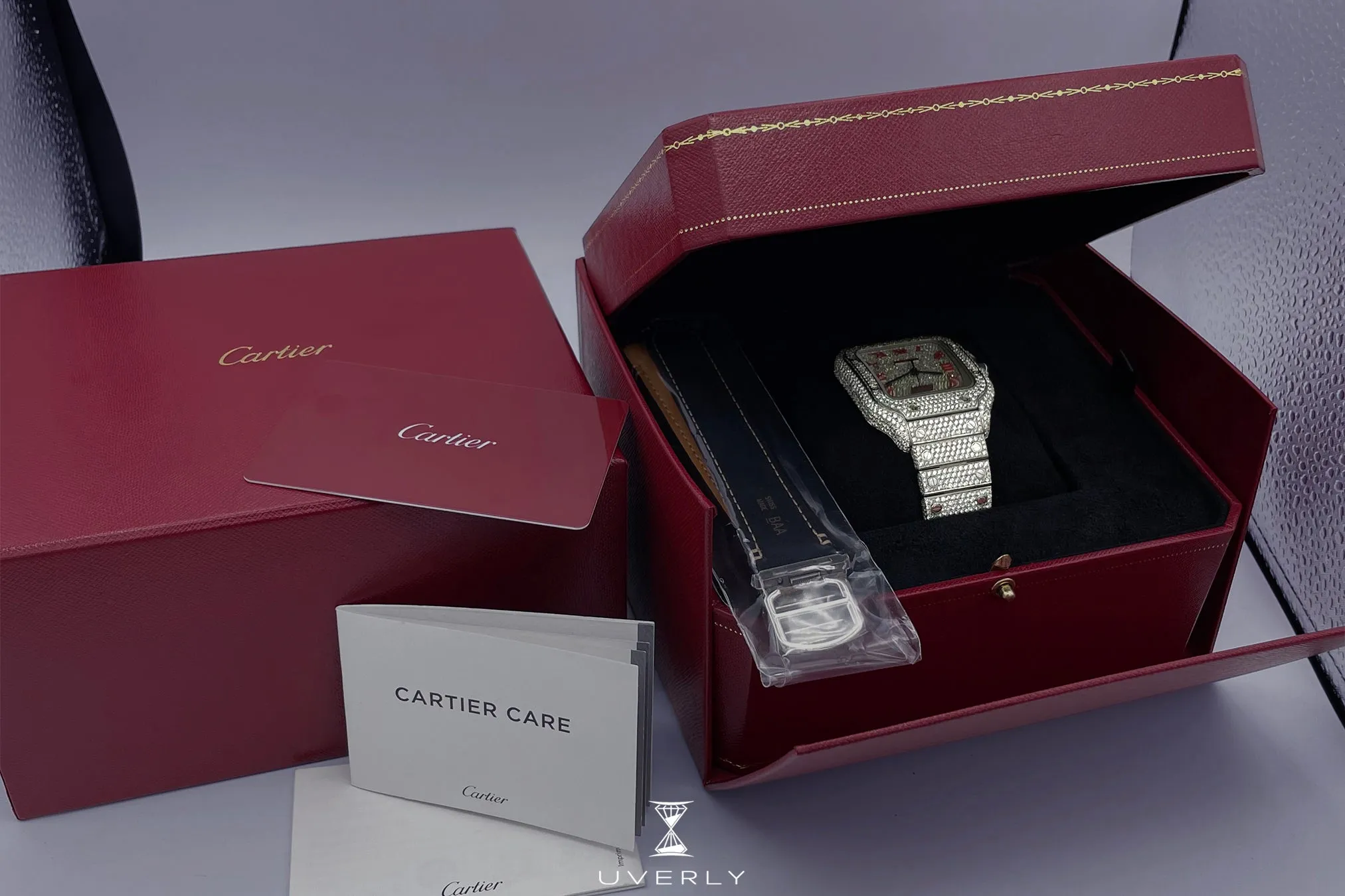 Iced Out Cartier Santos 40mm Diamond Red Dial Watch 22.6ct