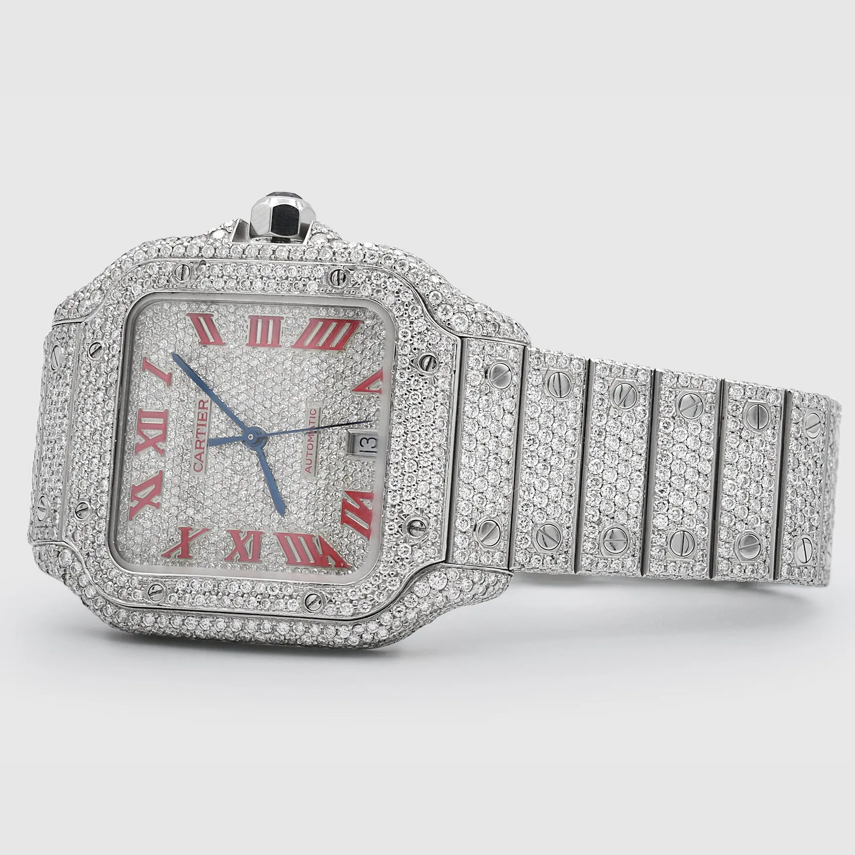 Iced Out Cartier Santos 40mm Diamond Red Dial Watch 22.6ct