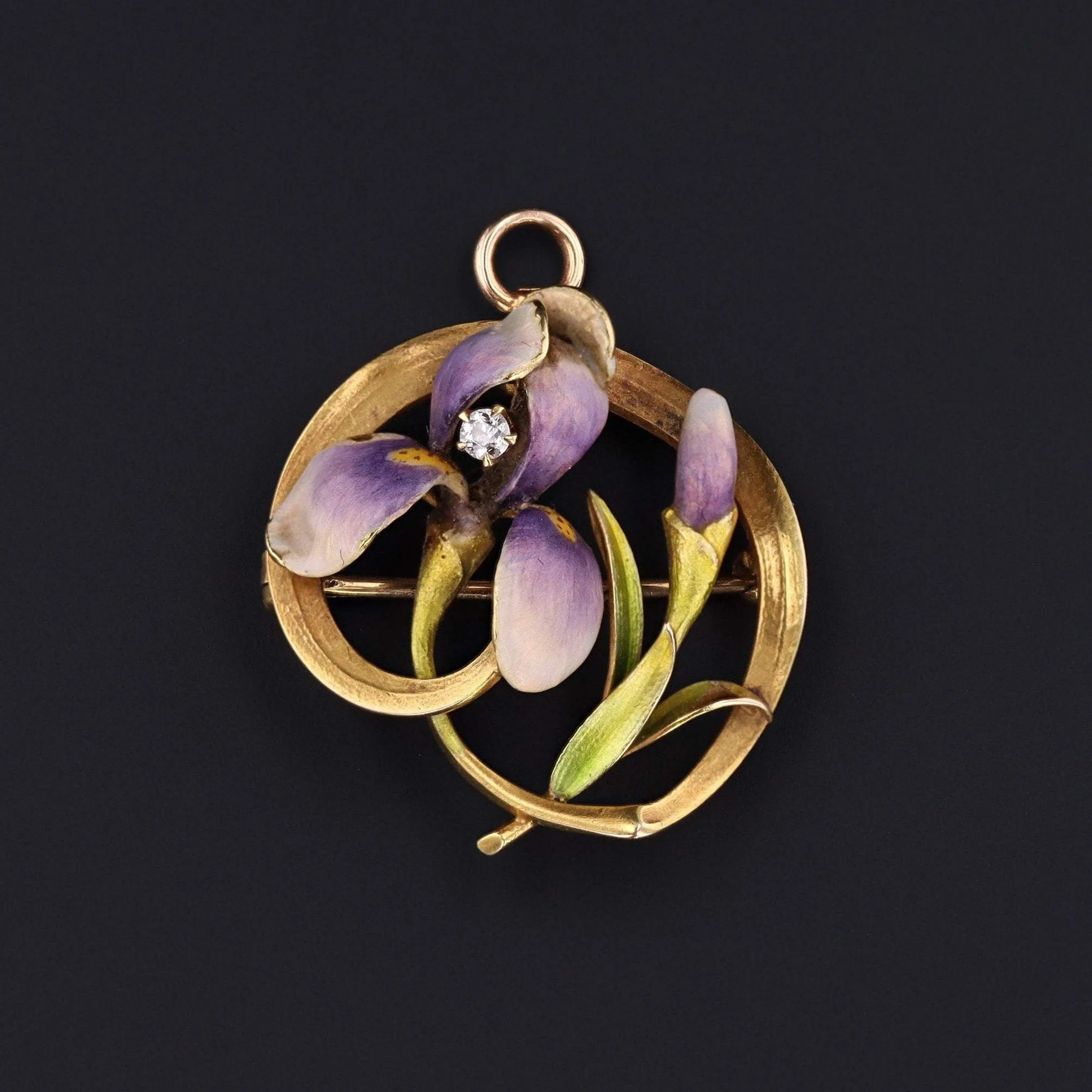 Iris Pendant and Brooch | Antique Enamel Flower Brooch