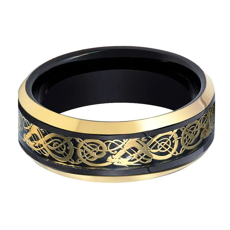 JETEK | Black Tungsten Ring, Gold Celtic Cut-Out Design, Gold Beveled