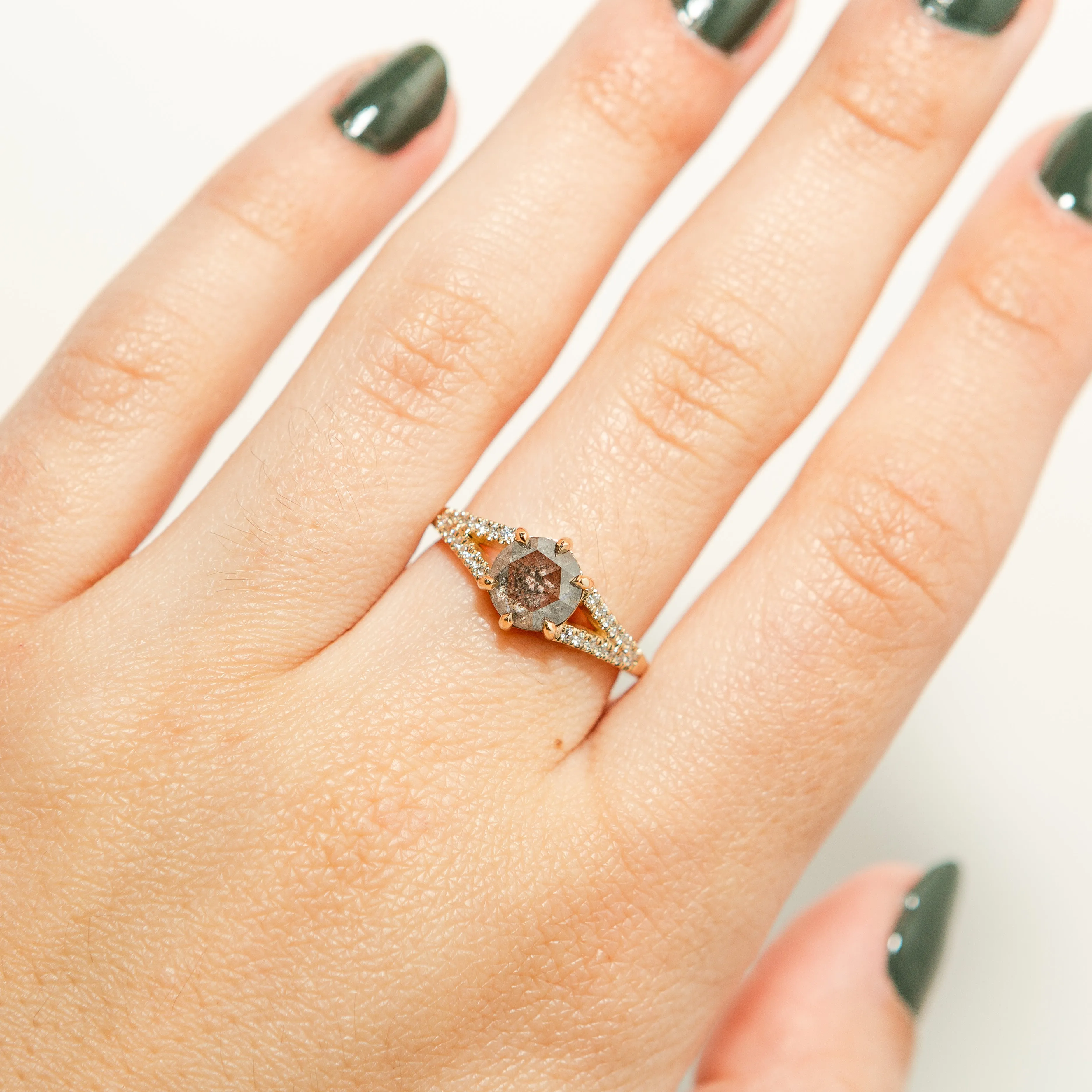Juniper Pavé Ring - Rose Cut Salt   Pepper Diamond in 14k Yellow Gold