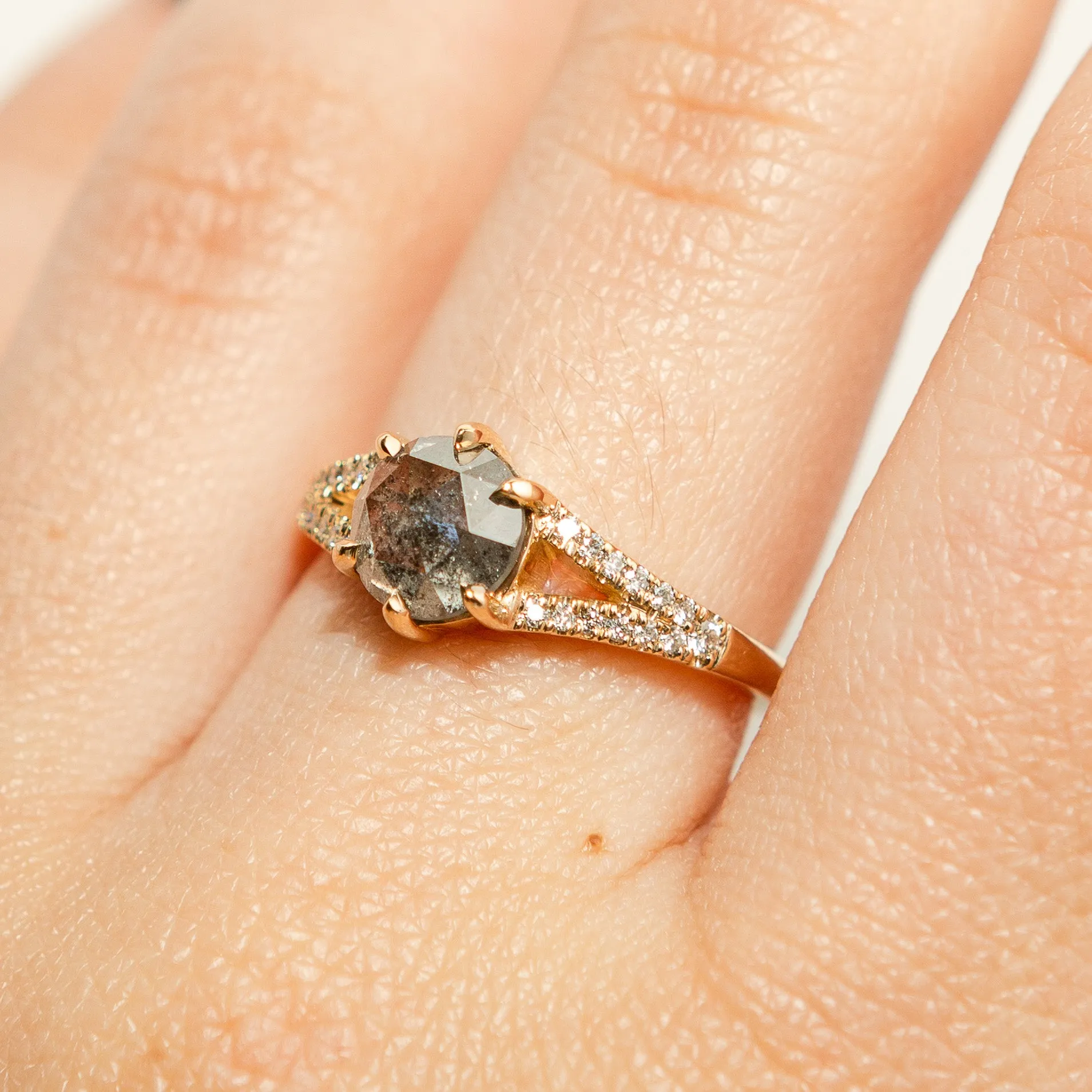 Juniper Pavé Ring - Rose Cut Salt   Pepper Diamond in 14k Yellow Gold