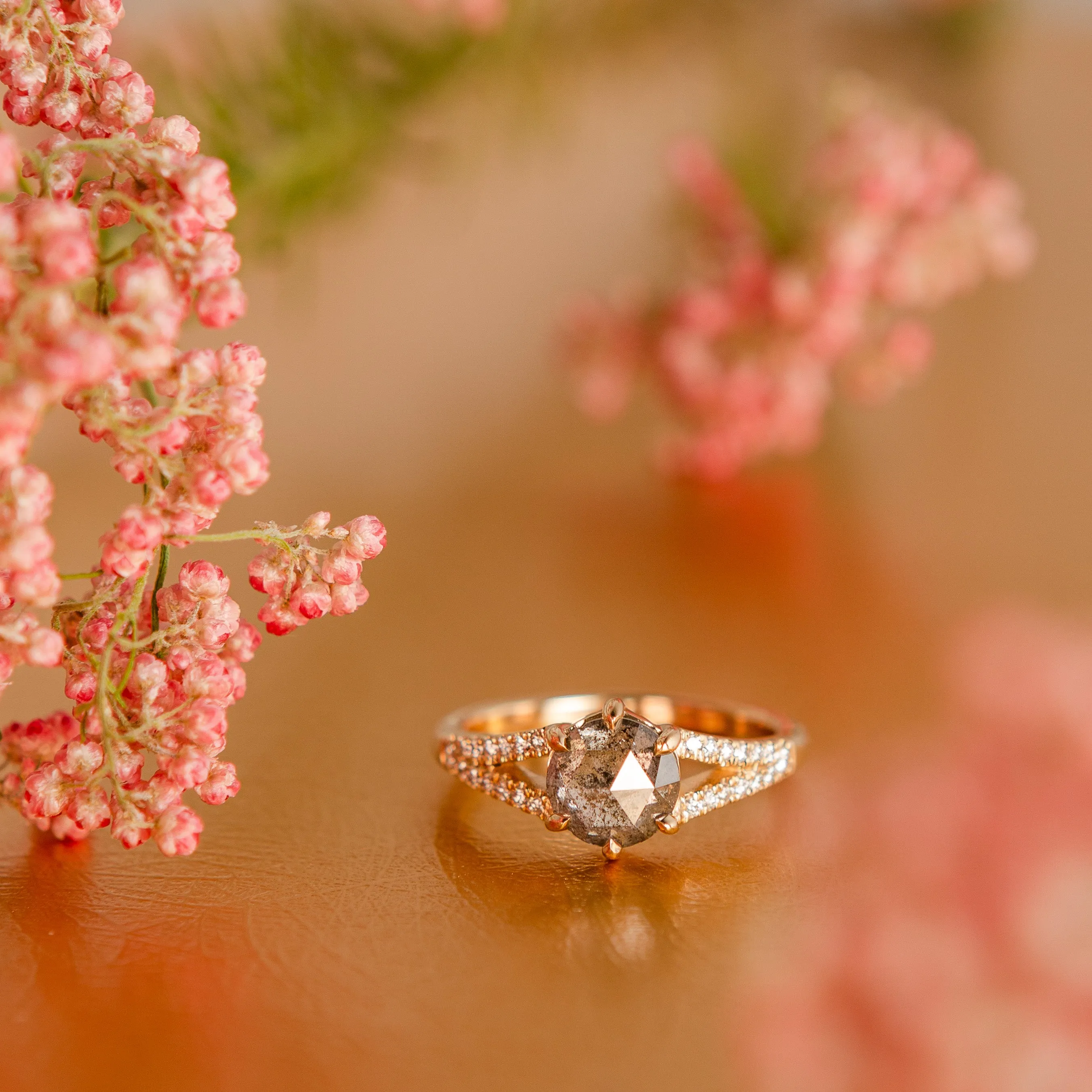 Juniper Pavé Ring - Rose Cut Salt   Pepper Diamond in 14k Yellow Gold