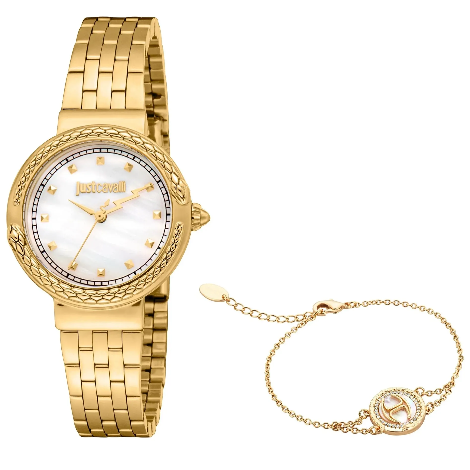Just Cavalli Brave Snake Ladies White MOP Dial Yellow Gold Watch and Bracelet Set