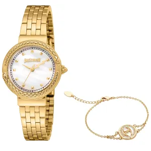 Just Cavalli Brave Snake Ladies White MOP Dial Yellow Gold Watch and Bracelet Set