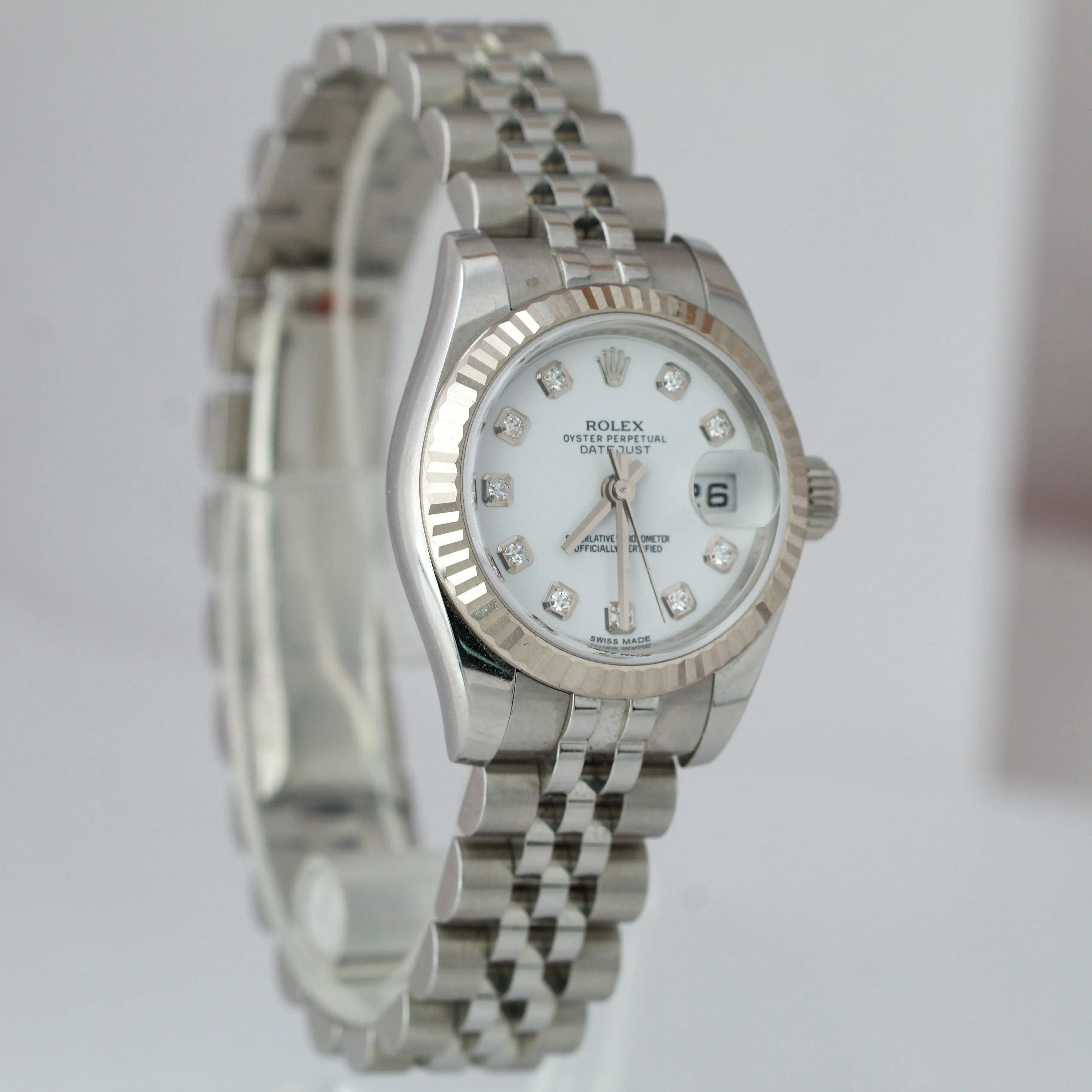 Ladies Rolex DateJust 26mm White Diamond 18K Gold Steel Jubilee Watch 179174