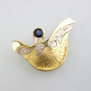 'LANDSCAPE CONTOURS' handcrafted 750 (18kt) yellow & white gold pendant/brooch combination, blue sapphire & diamonds