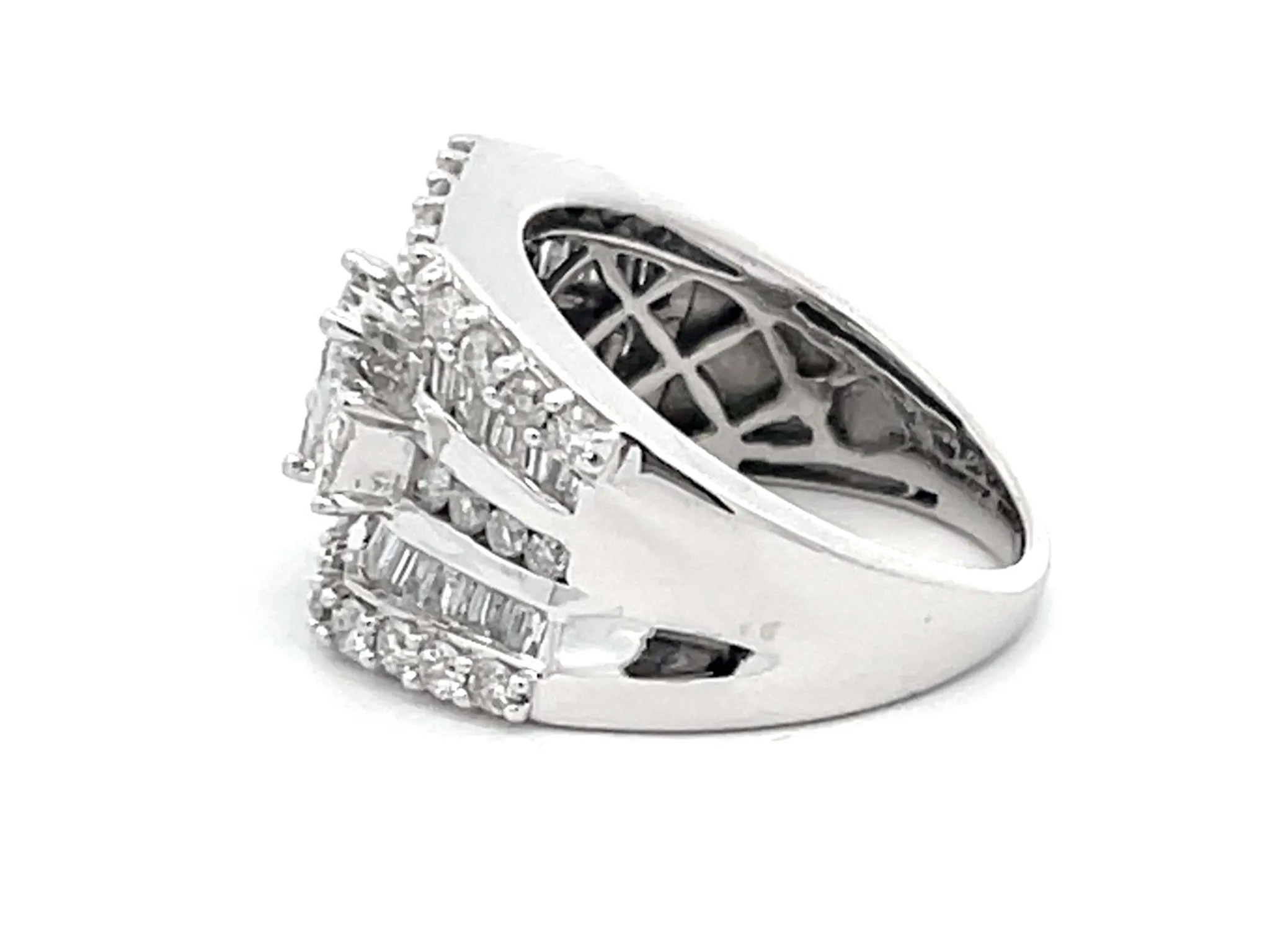 Large Baguette, Round and Princess Cut Diamond Ring in 14k White Gold