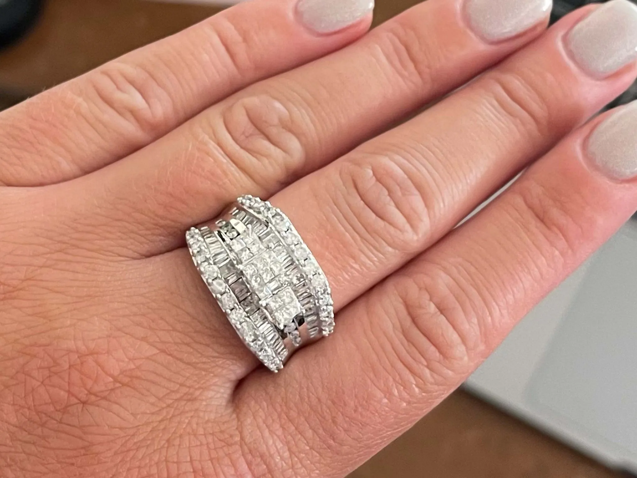 Large Baguette, Round and Princess Cut Diamond Ring in 14k White Gold