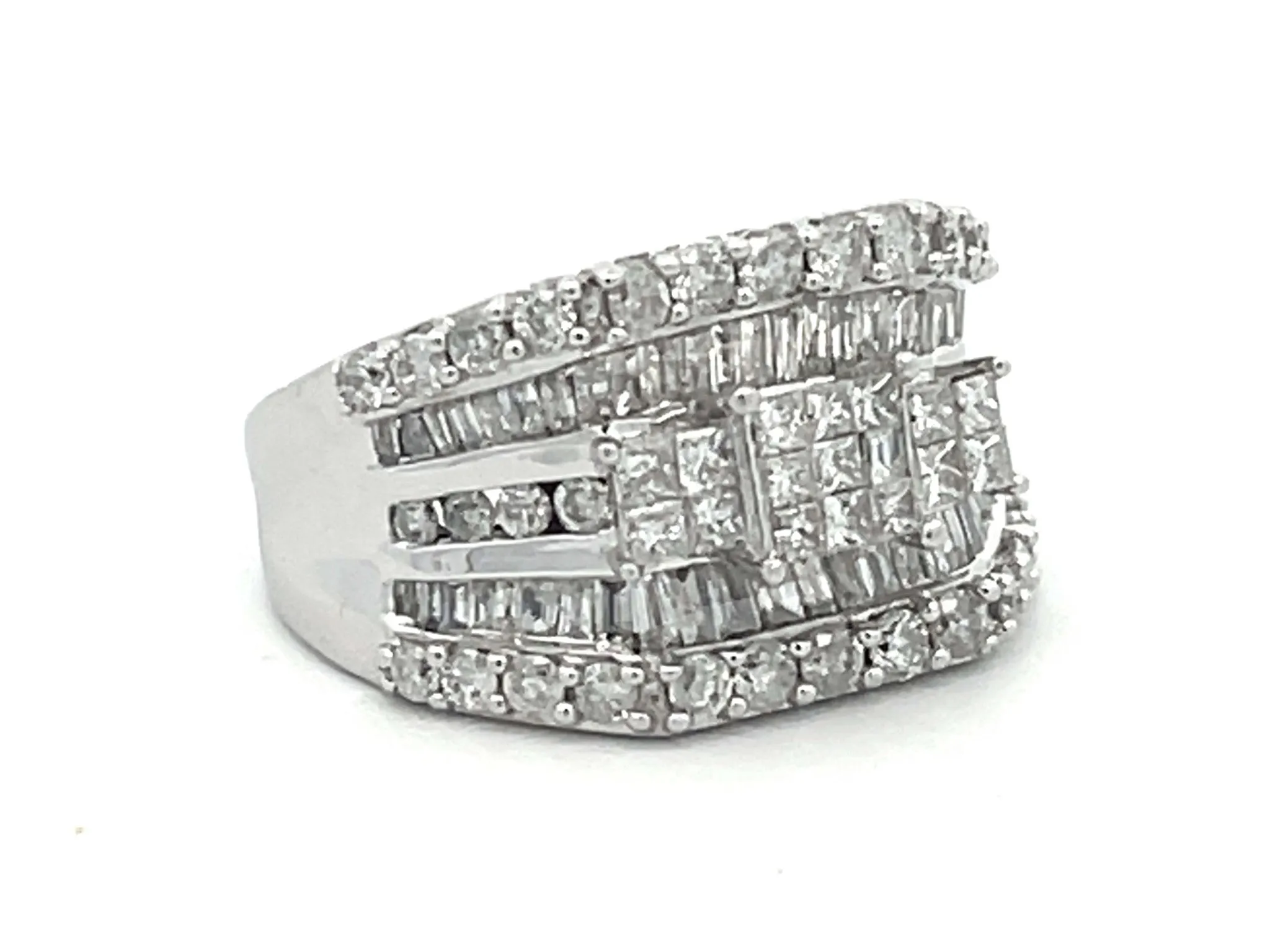 Large Baguette, Round and Princess Cut Diamond Ring in 14k White Gold