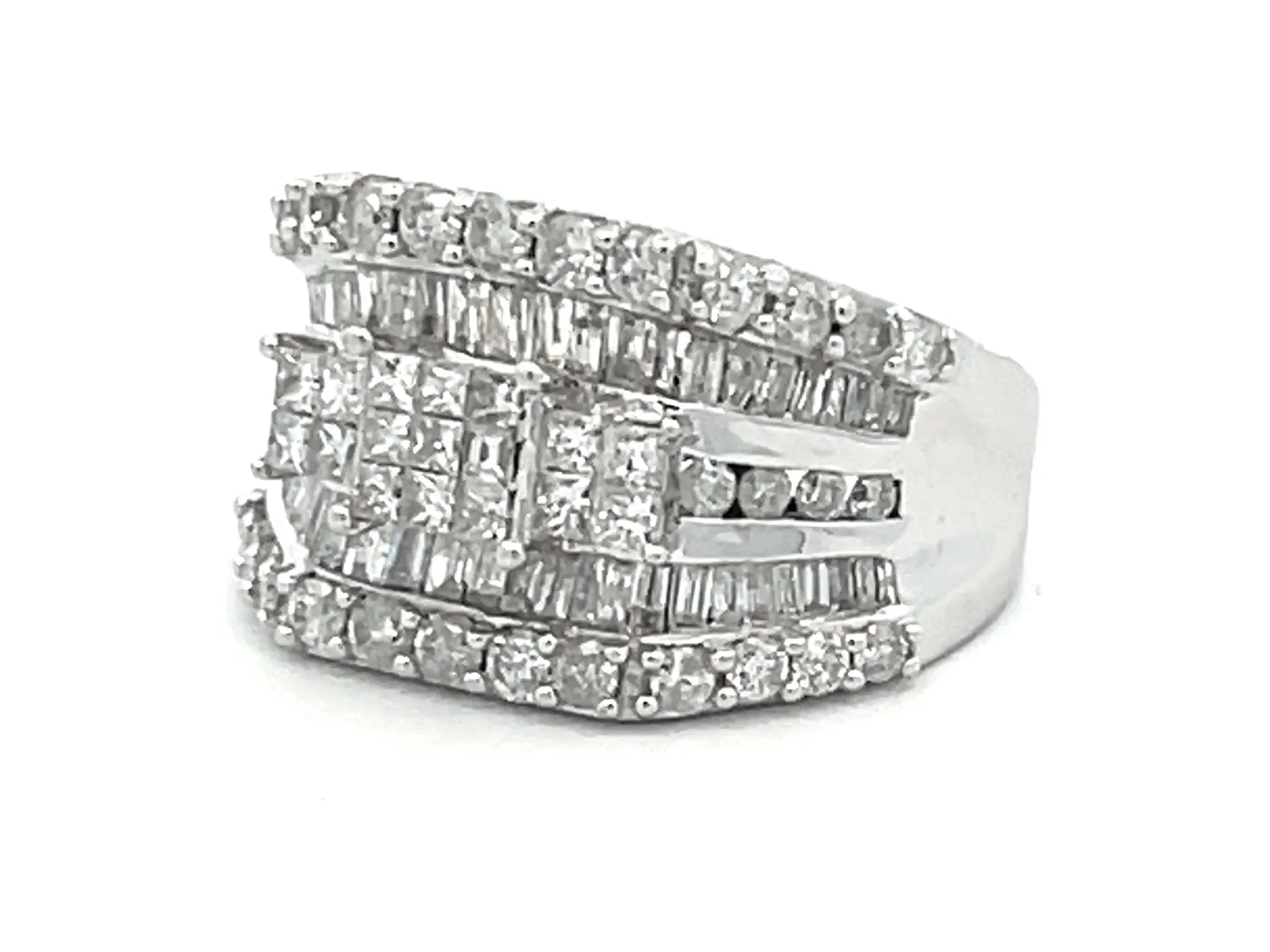 Large Baguette, Round and Princess Cut Diamond Ring in 14k White Gold