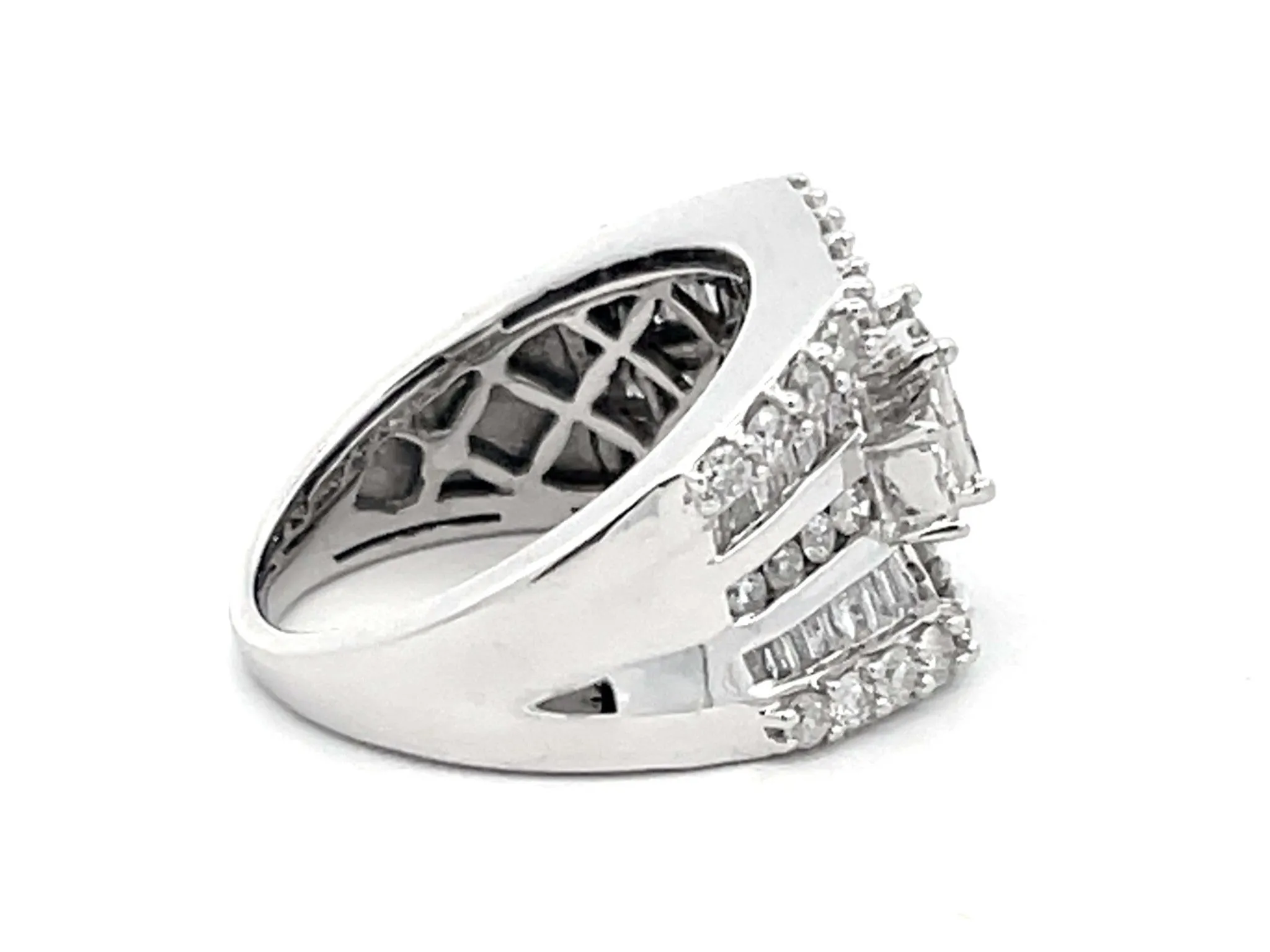 Large Baguette, Round and Princess Cut Diamond Ring in 14k White Gold