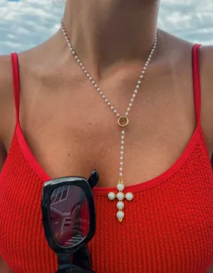 Lariat Pearl Cross Necklace | Water Resistant