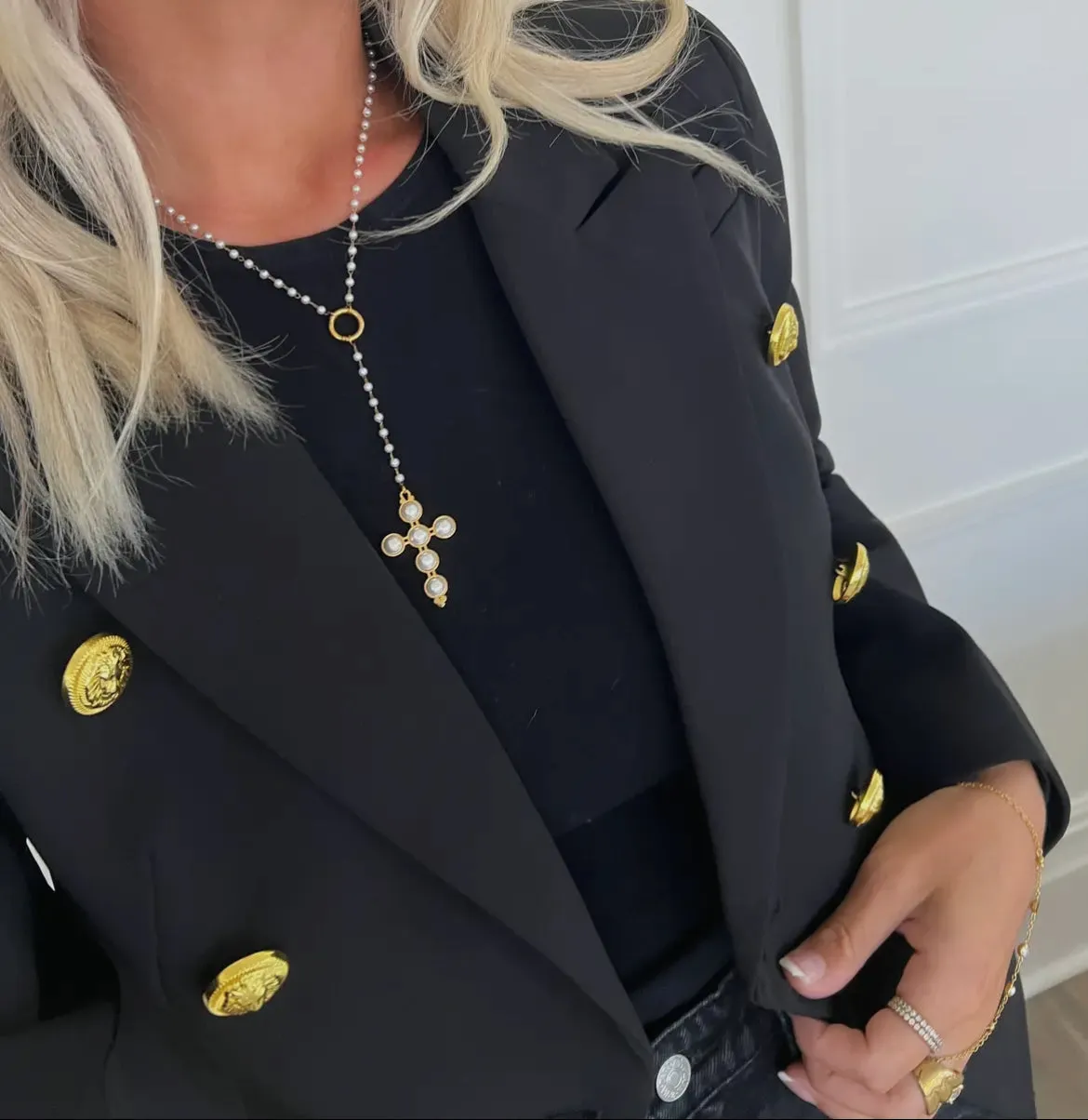 Lariat Pearl Cross Necklace | Water Resistant
