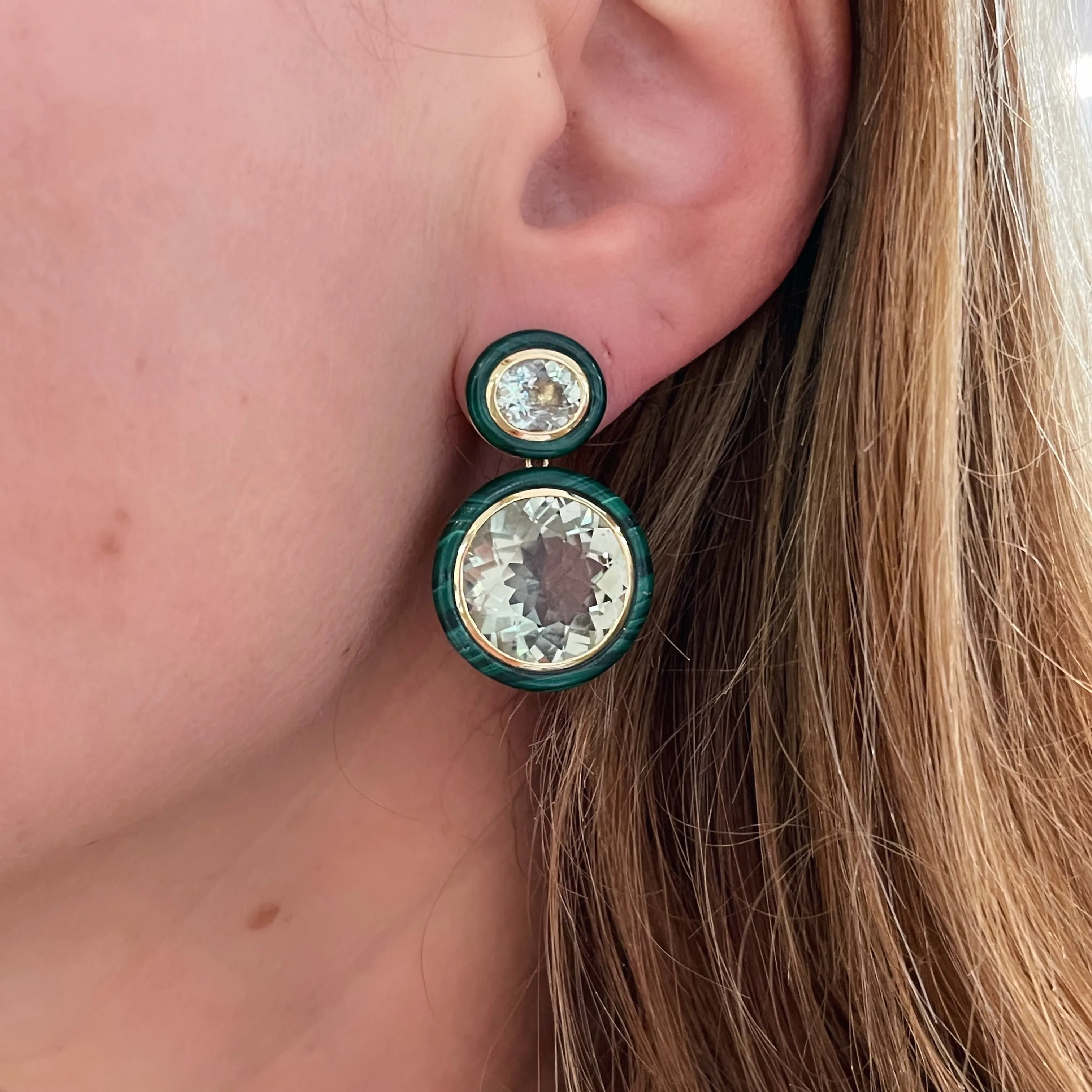 Limited Edition Round Prisiolite & Malachite Drop Earrings