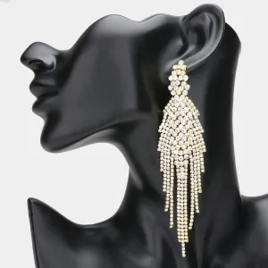 Long Clear Rhinestone Fringe Statement Earrings on Gold | Pageant Earrings |  333460