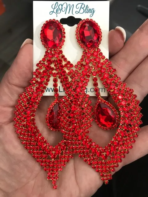 Long Red Crystal Chandelier Pageant Earrings | 448596