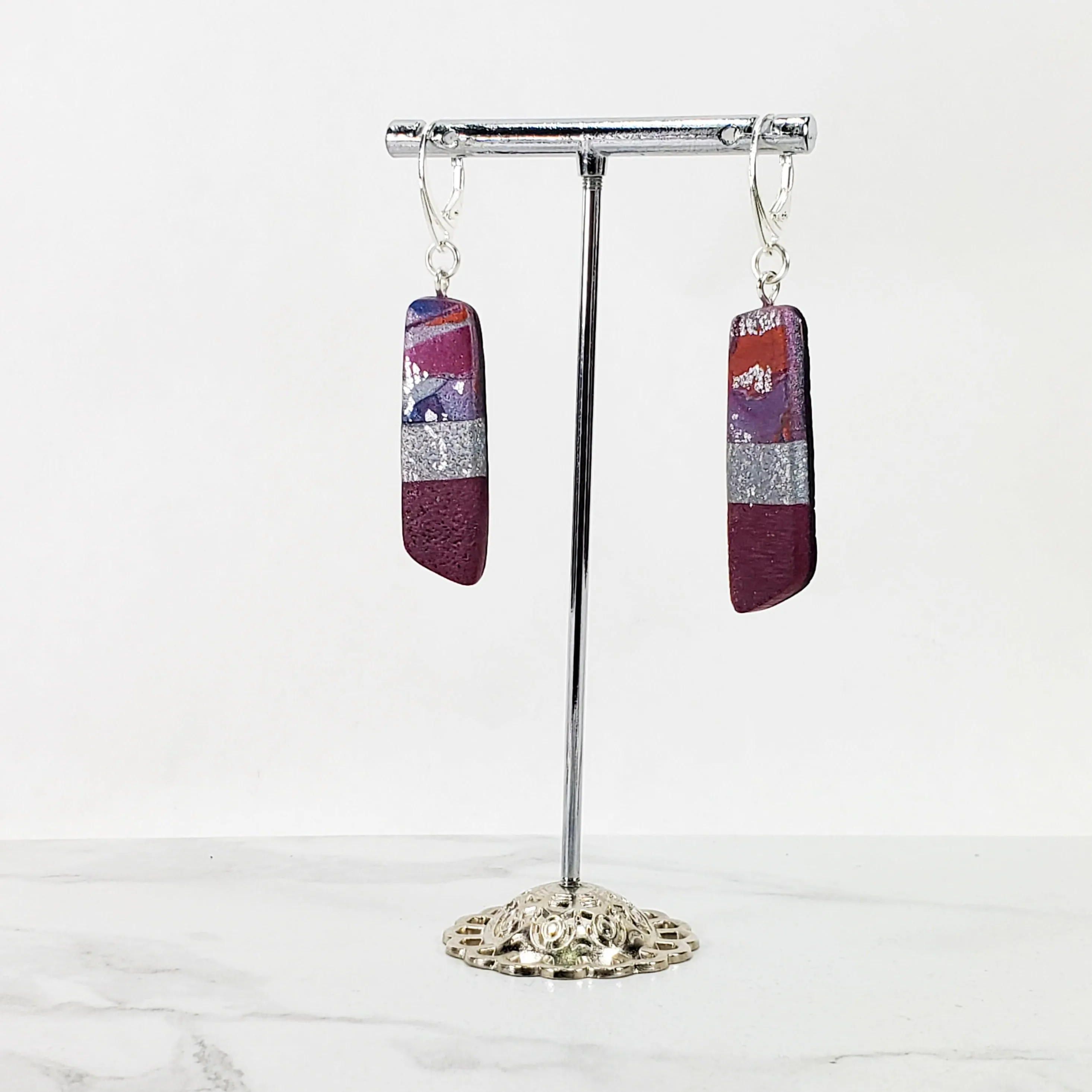 Long Strip Dangle Earrings - Marbled - Viva Magenta