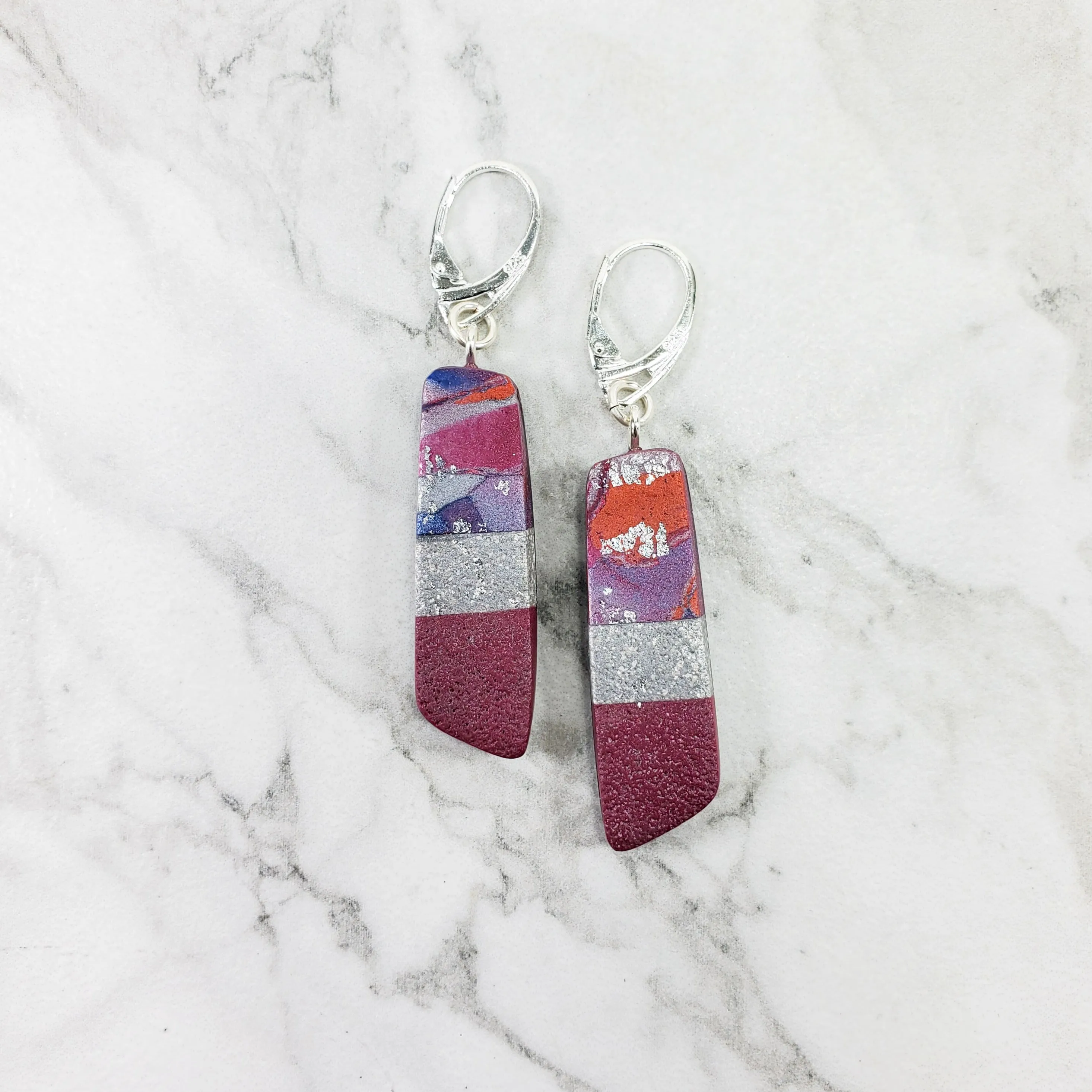 Long Strip Dangle Earrings - Marbled - Viva Magenta