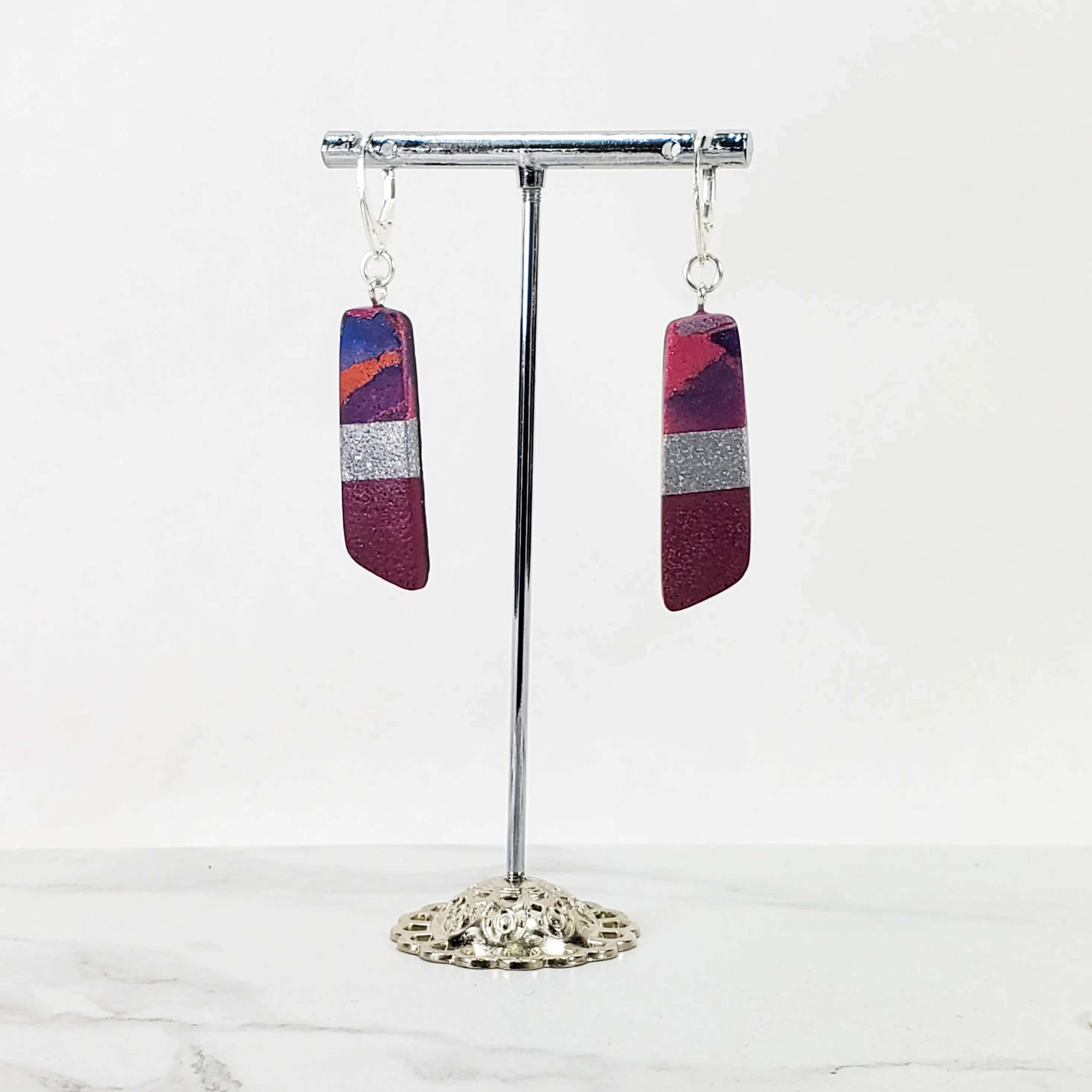 Long Strip Dangle Earrings - Marbled - Viva Magenta