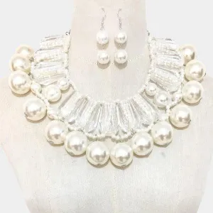 Lucite Bead White Faux Pearl Statement Necklace