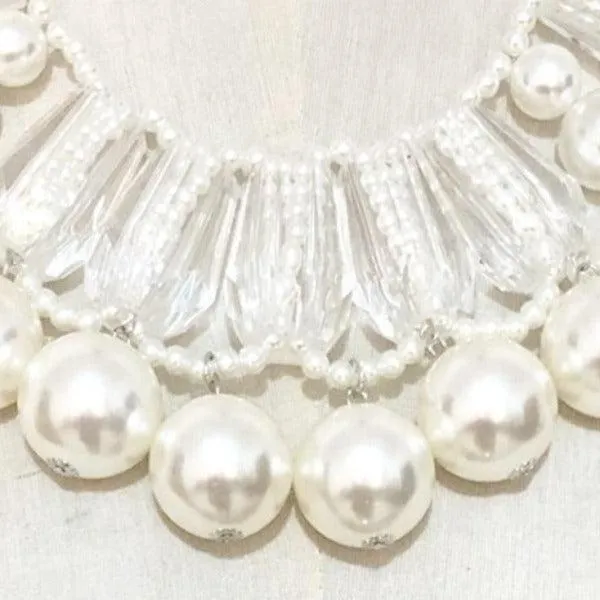 Lucite Bead White Faux Pearl Statement Necklace