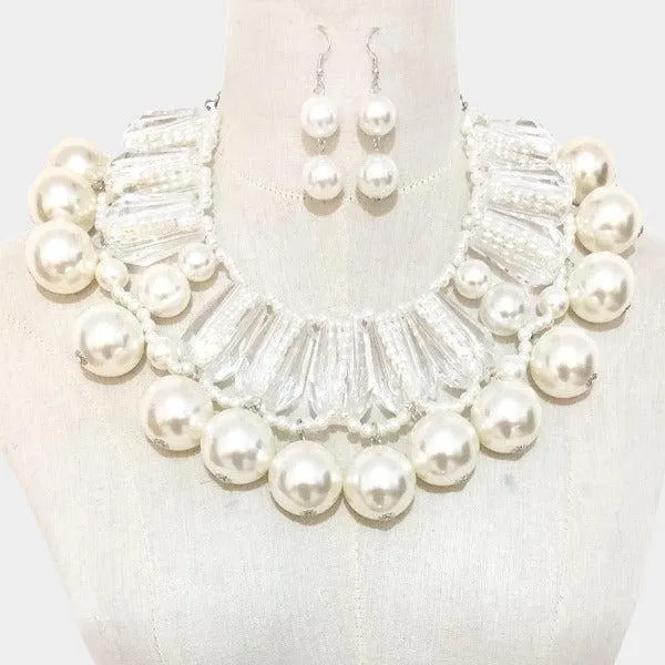 Lucite Bead White Faux Pearl Statement Necklace